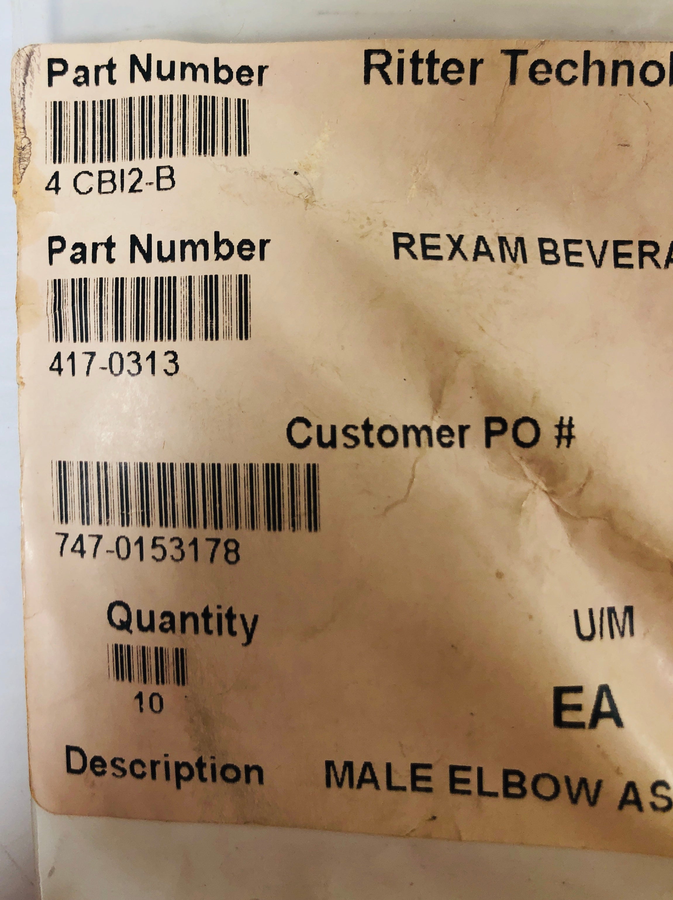 Ritter Technology Male Elbow Assembly 417-0313 (Lot of 10)