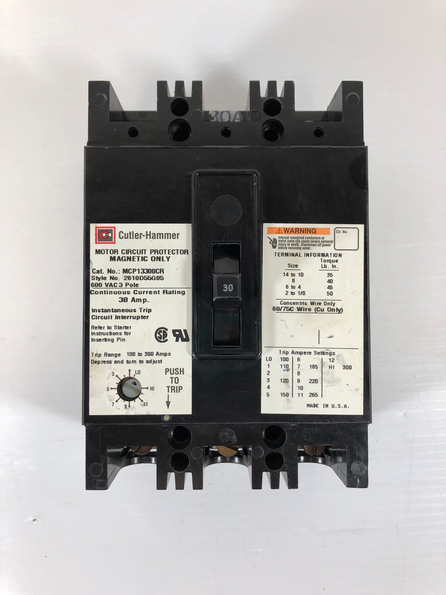 Cutler-Hammer 30 Amp Motor Circuit Protector Breaker MCP13300CR 600 VAC 3 Pole