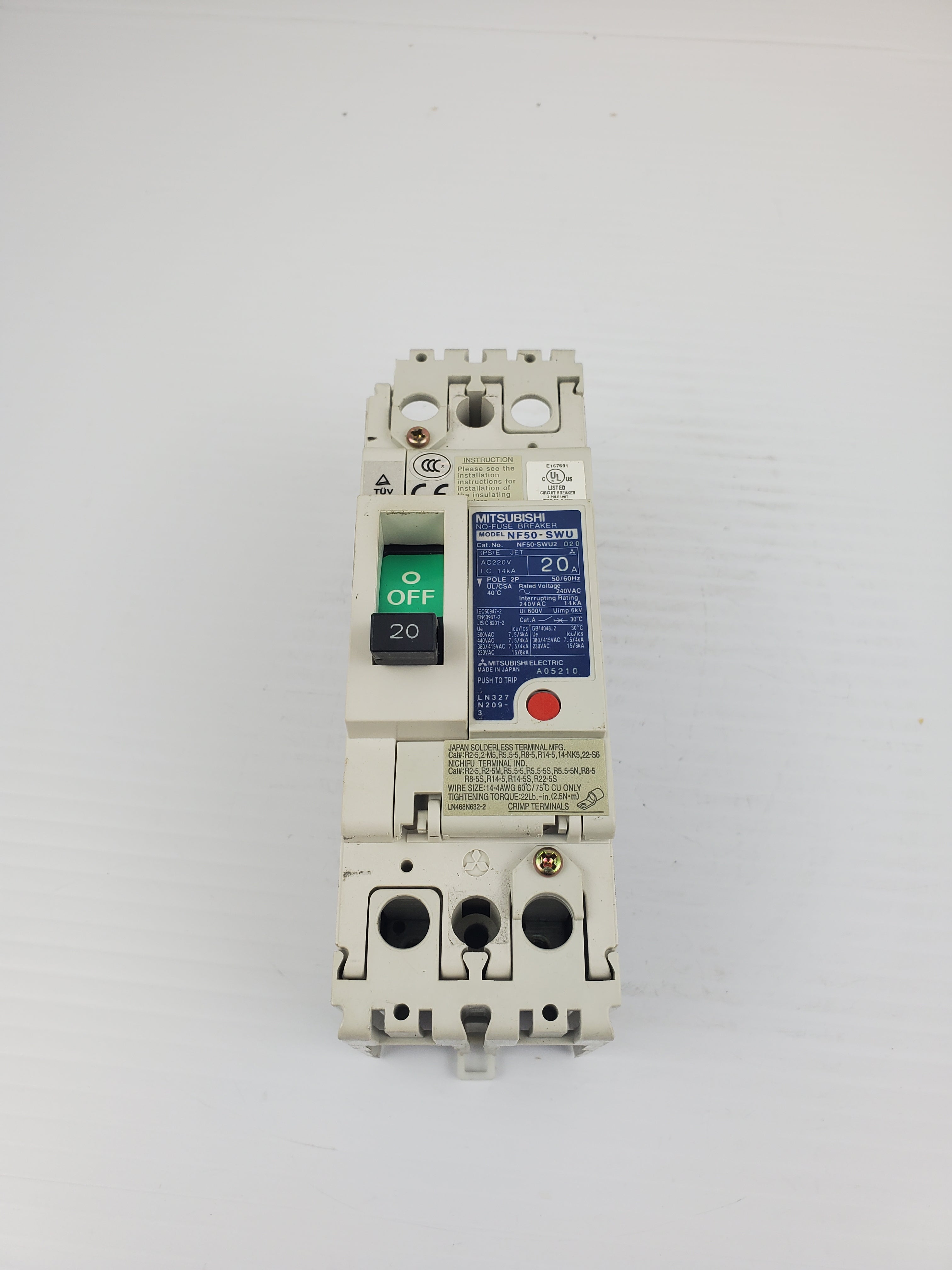 Mitsubishi NF50-SWU No-Fuse Breaker 20A POLE 2P 50/60Hz