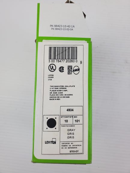 Leviton 4934-101 Two Gang Steel Wallplate 2.147 Diam. Opening 4934 (Box of 6)