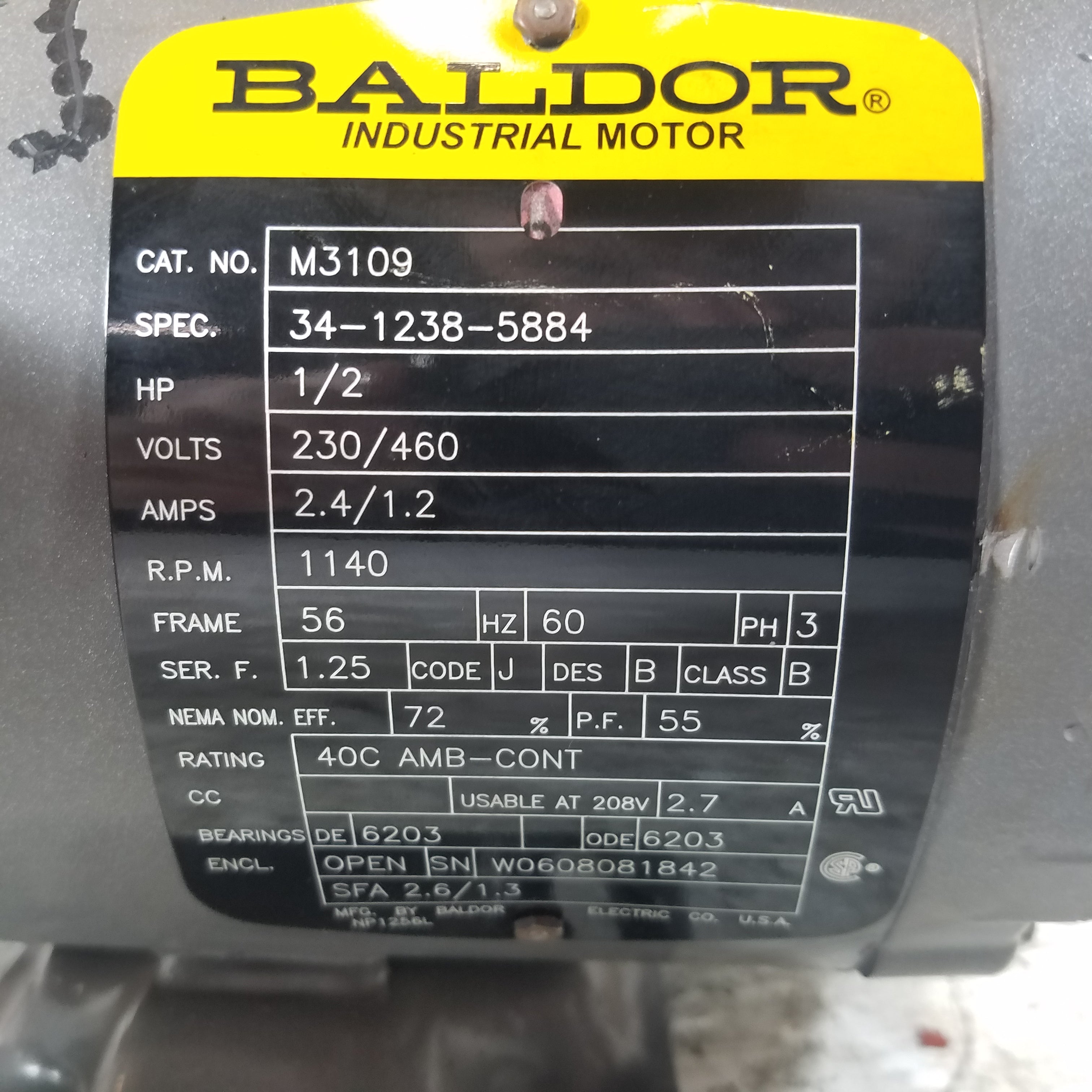 Baldor M3109 Industrial Electric Motor 1/2 HP 1140 RPM 3 Phase 230/460V 56 Frame