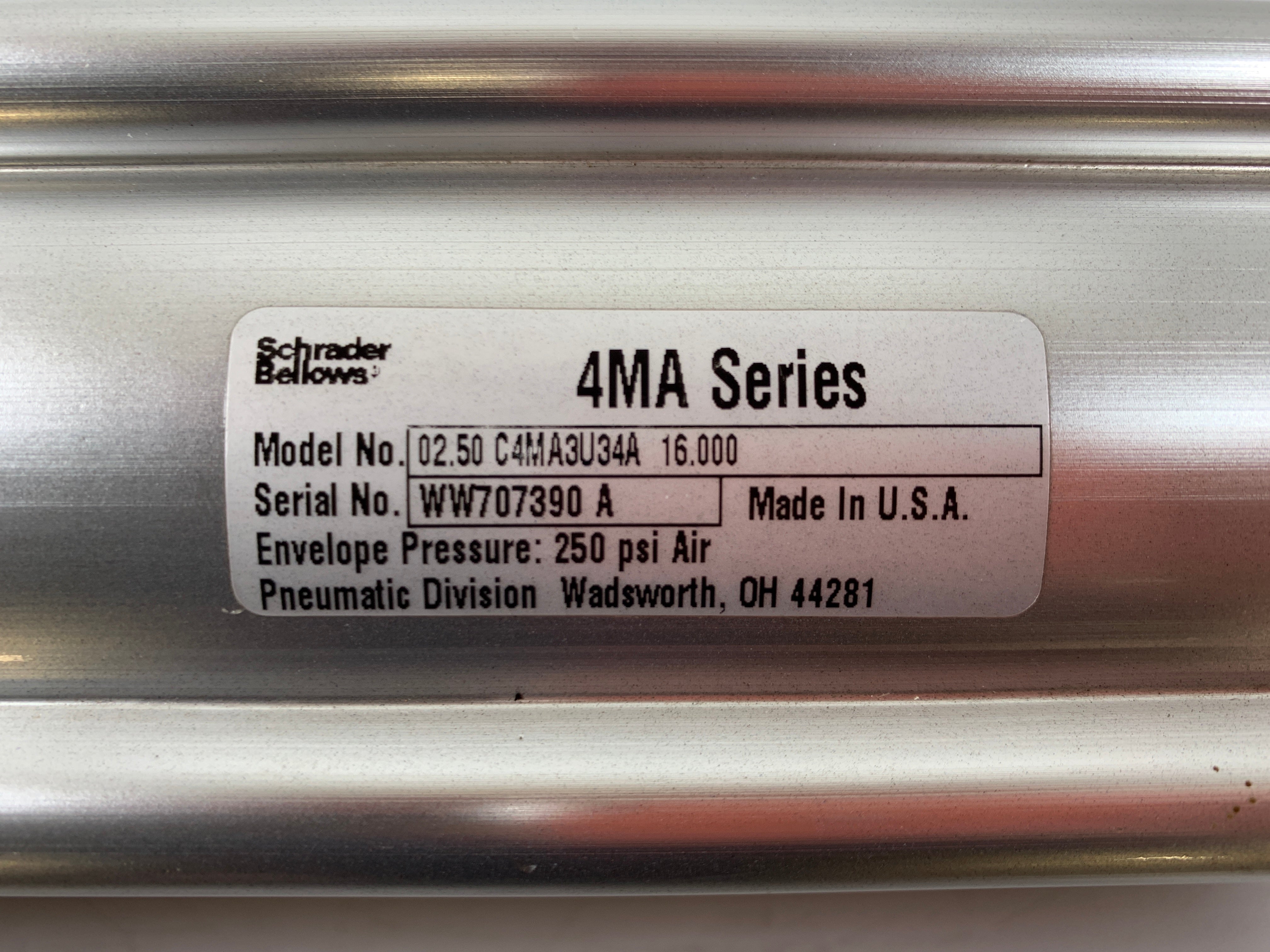 Schrader Bellows Pneumatic Cylinder C4MA3U34A 250PSI