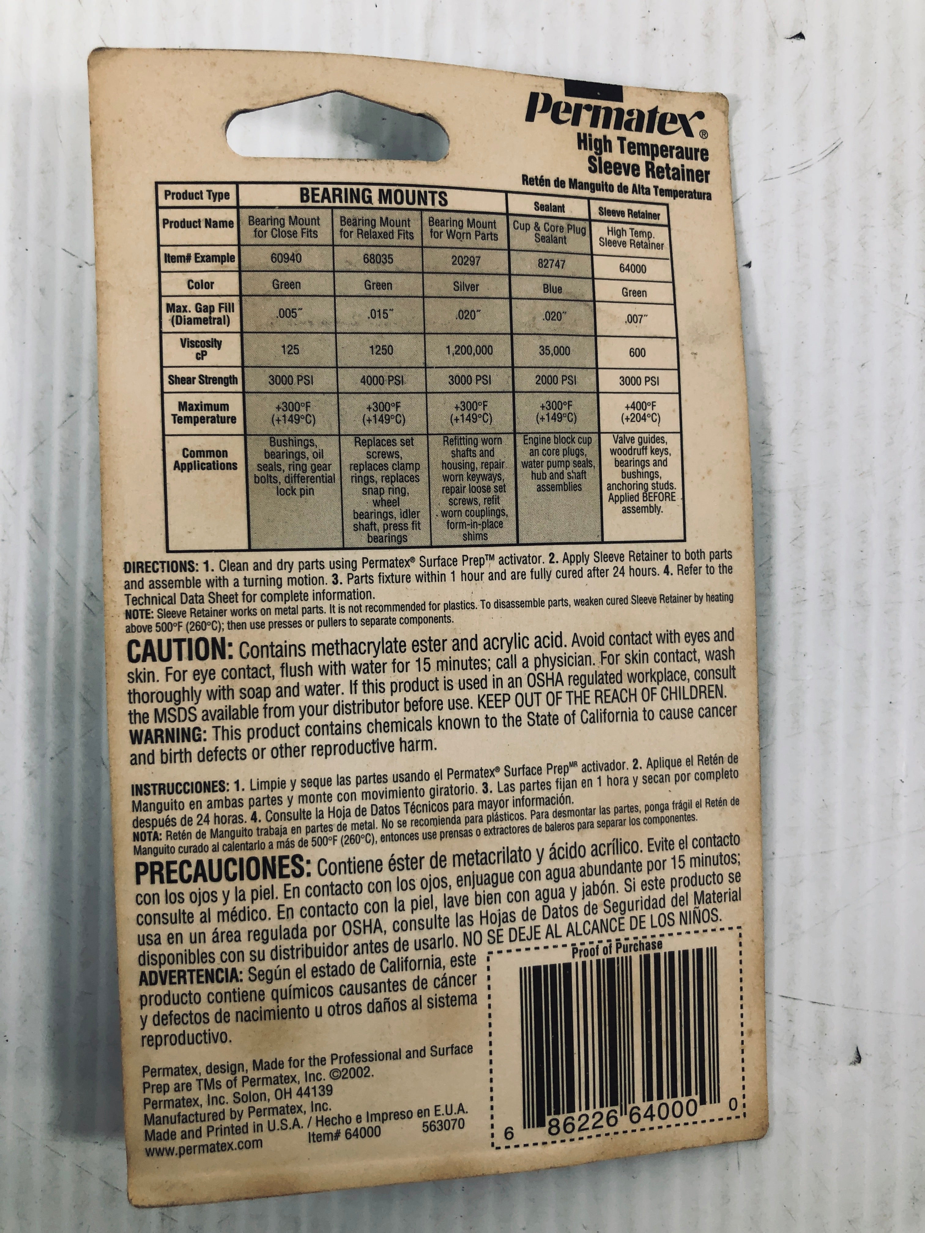 Permatex Sleeve Retainer High Temperature Automotive Grade .20 Ounce .6ml 64000