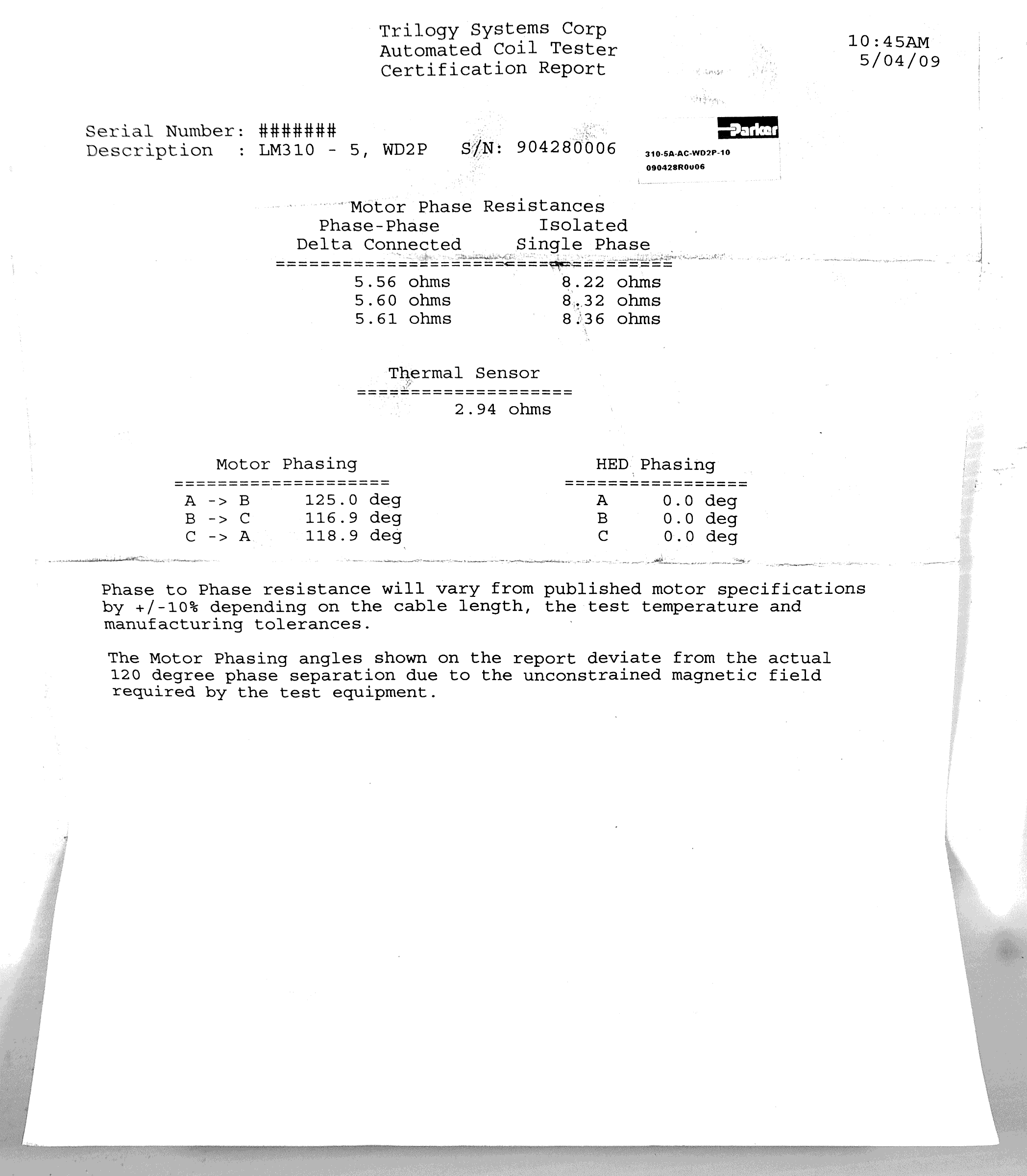 Parker Motion Control 310-5A-AC-WD2P-10 Ironless Linear Motor Coil Magnet Bar