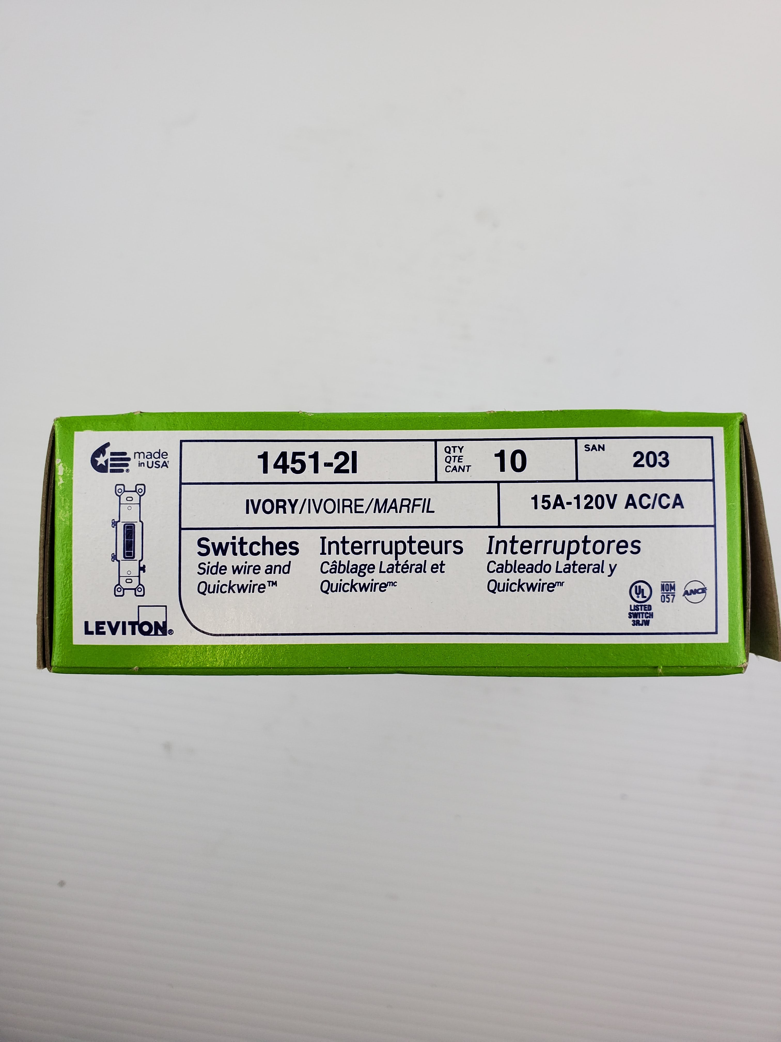 Leviton Ivory Switches Side Wire and Quickwire 1451-2I 15A-120VAC/Ca (Box of 10)