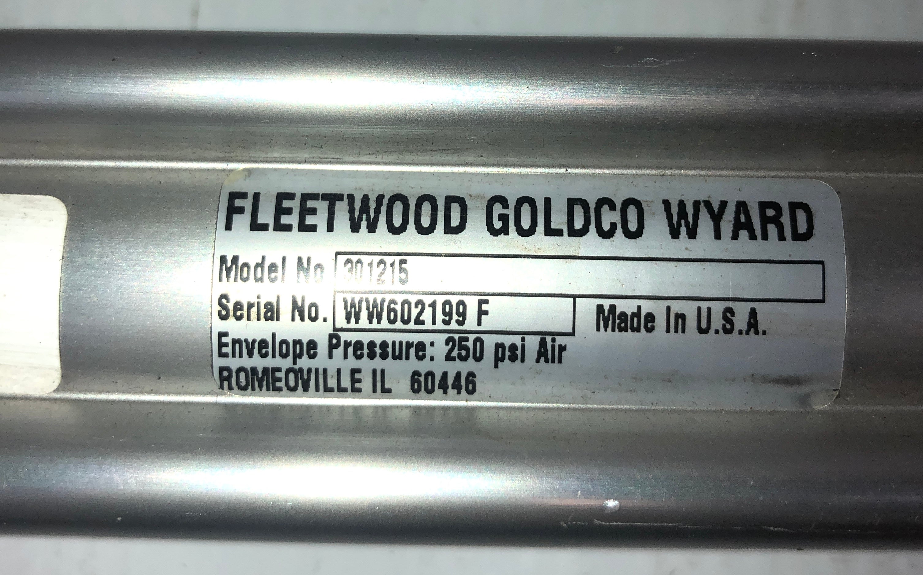 Fleetwood Goldco Wyard 301215 Pneumatic Air Cylinder 250 PSI