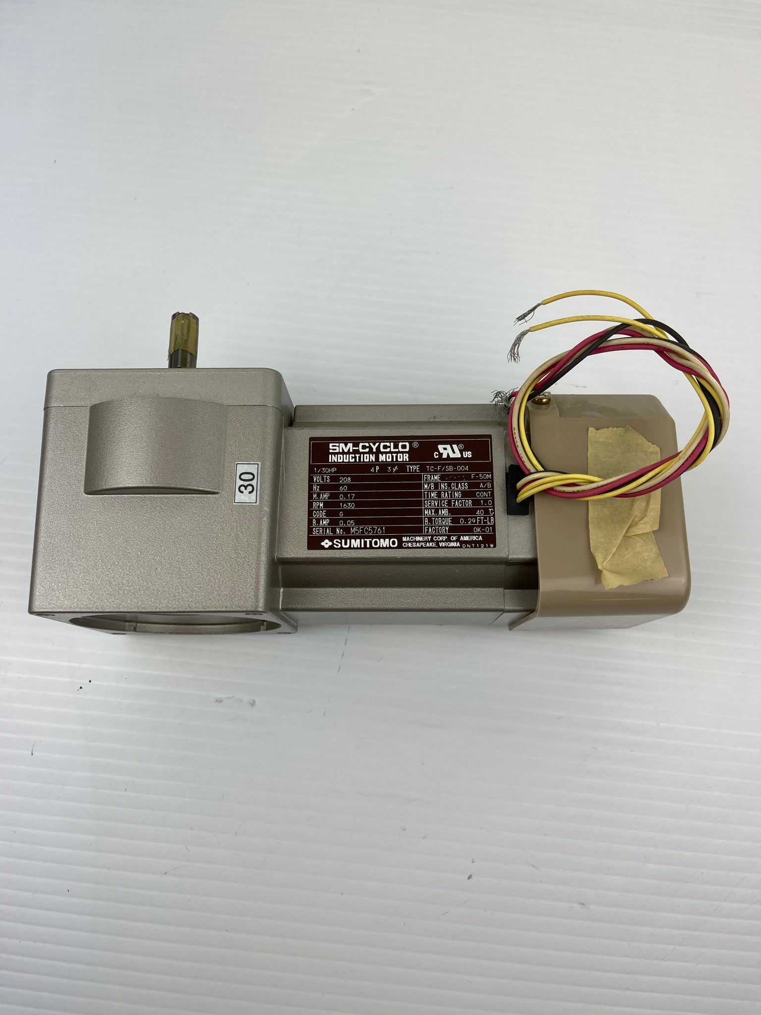 Sumitomo RNFM0025-01R-B-30 Hyponic Drive Induction Gear Motor 1/30HP 3PH
