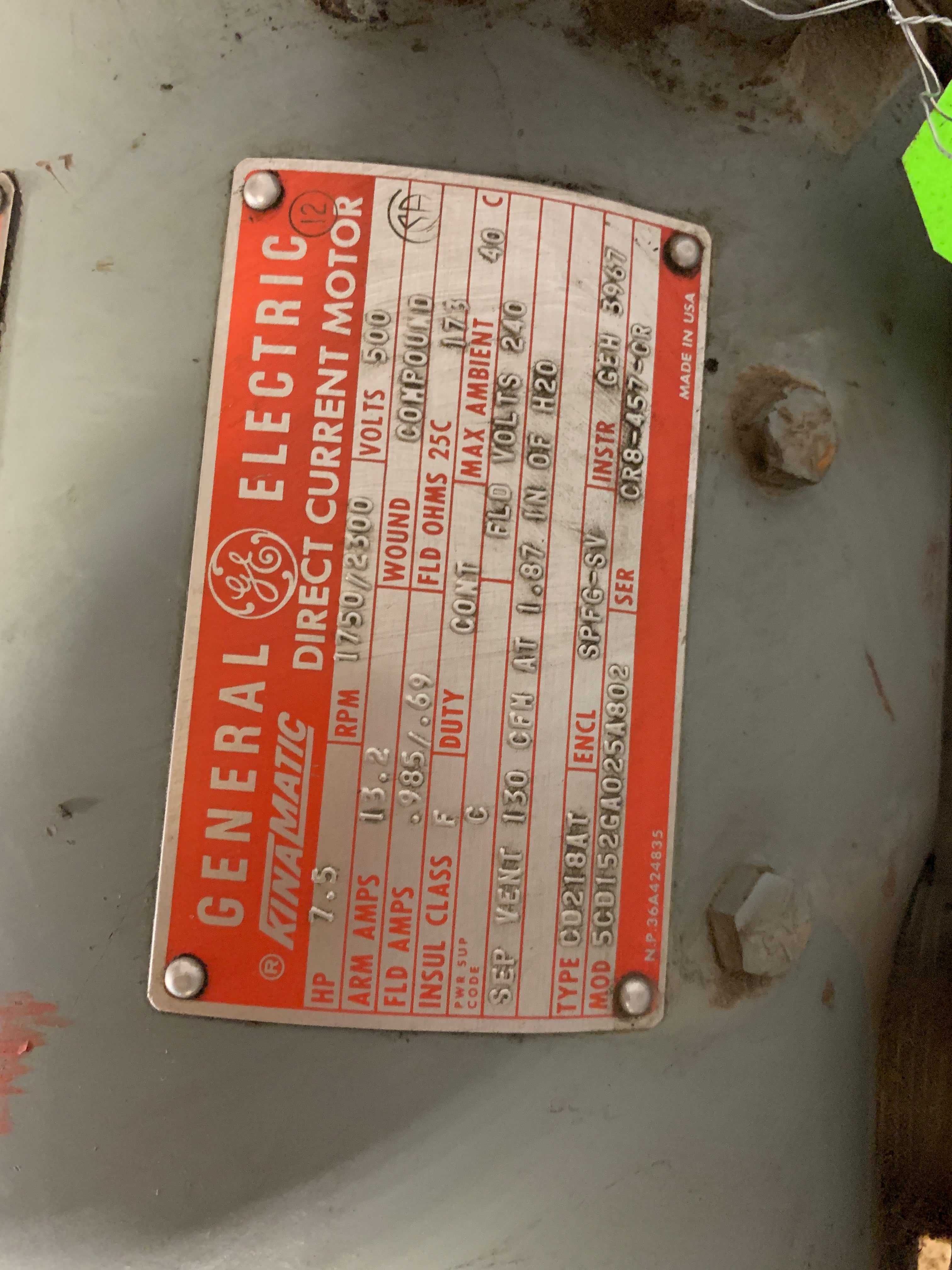 General Electric 5CD152GA025A802 Kinamatic 7.5HP DC Motor 1750/2300 RPM