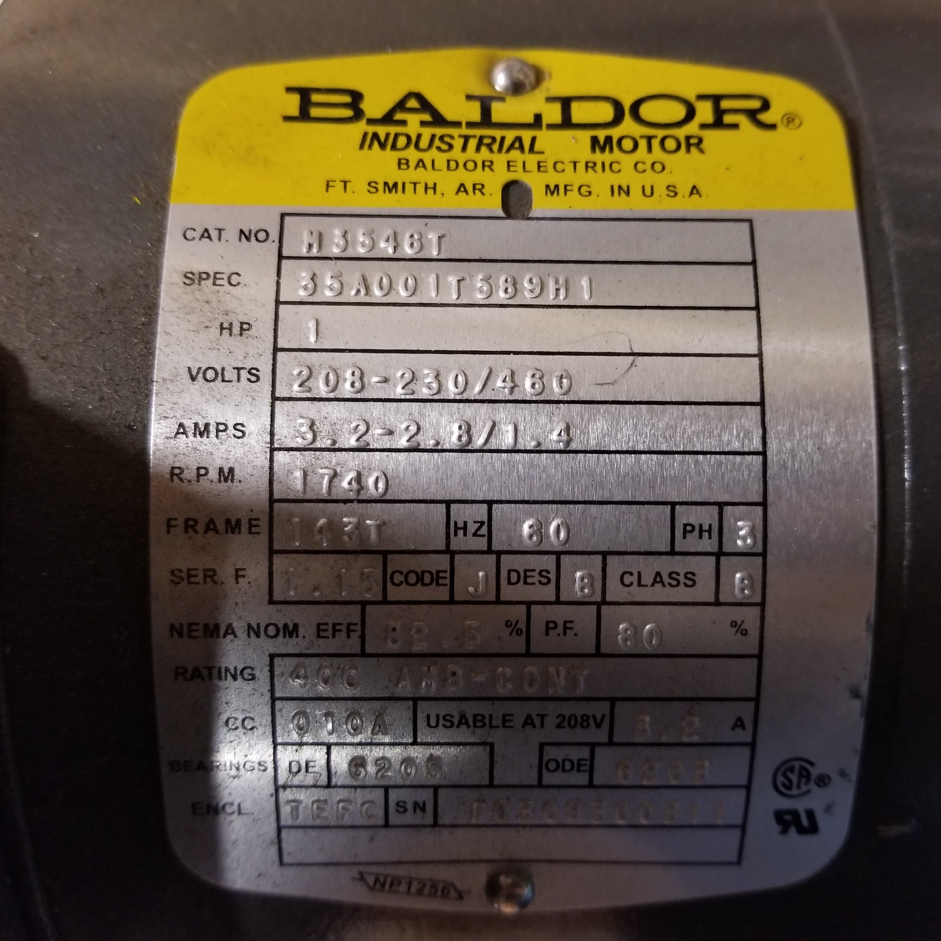 Baldor M3546T Electric Motor 1HP 1740 RPM 143T 3PH