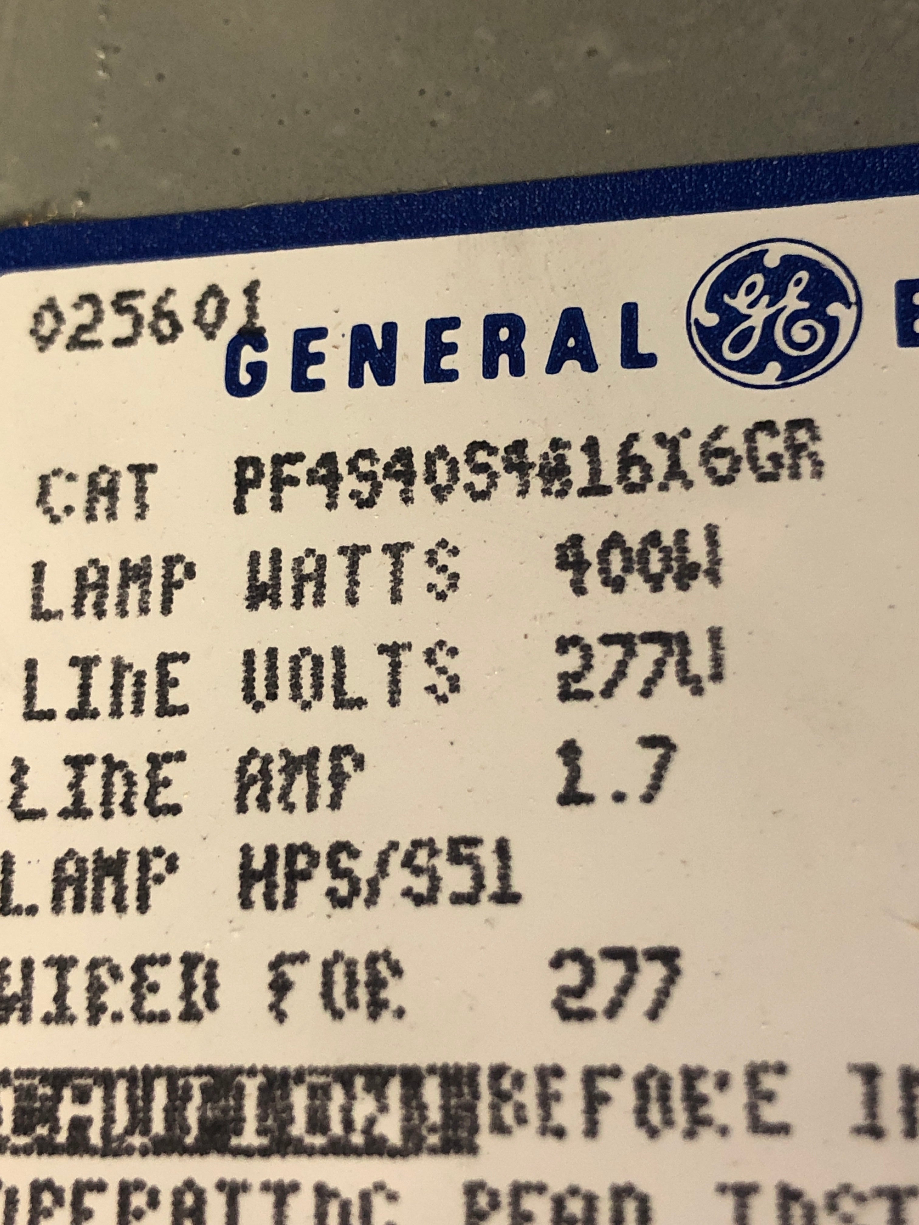 GE Industrial Light Category PF4S4OS4A16X6GR 400 Watts