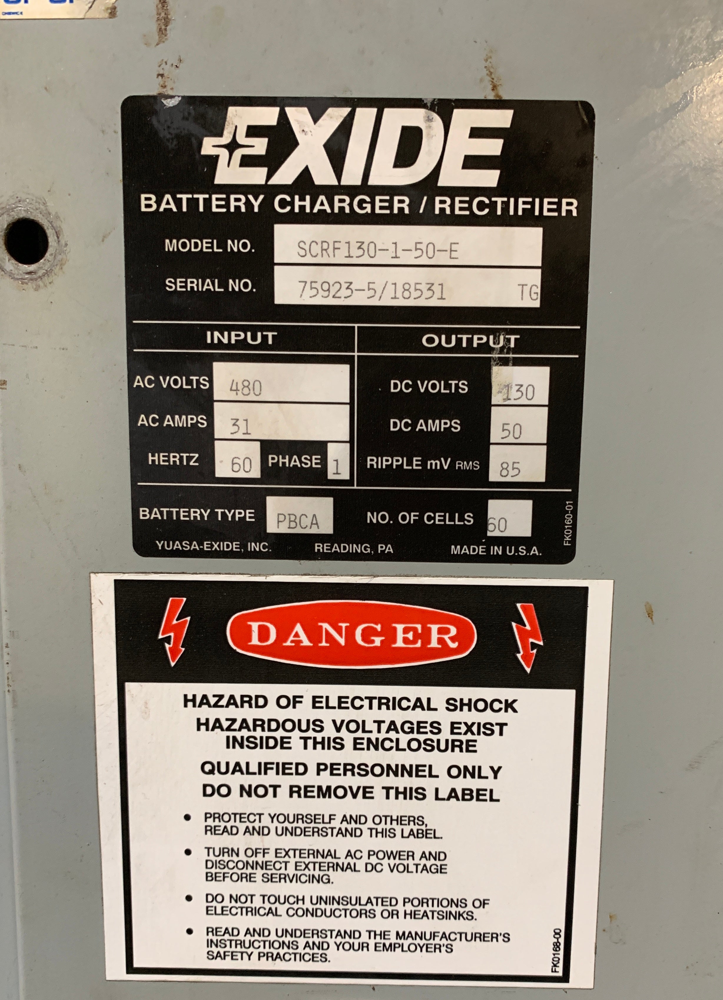 Exide SCRF130-1-50-E Charger Rectifier 480V 31 Amps 1 Phase