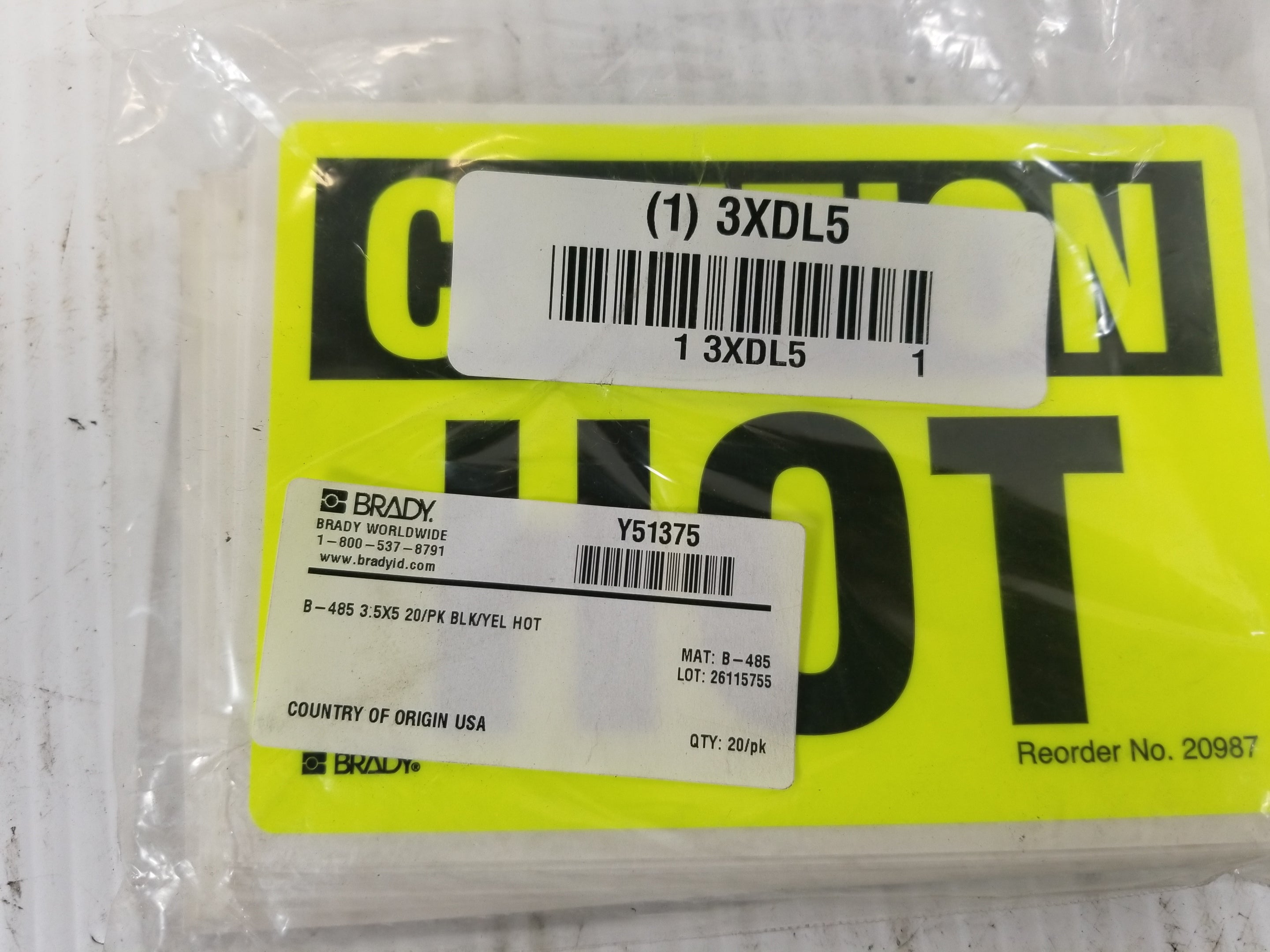 Brady Y51375 3.5X5" Caution Hot Adhesive Sign (Lot of 20)