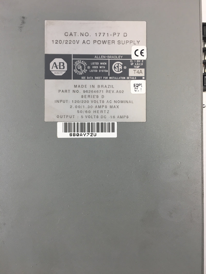 Allen-Bradley Power Supply 1771-P7-D 120/220V AC