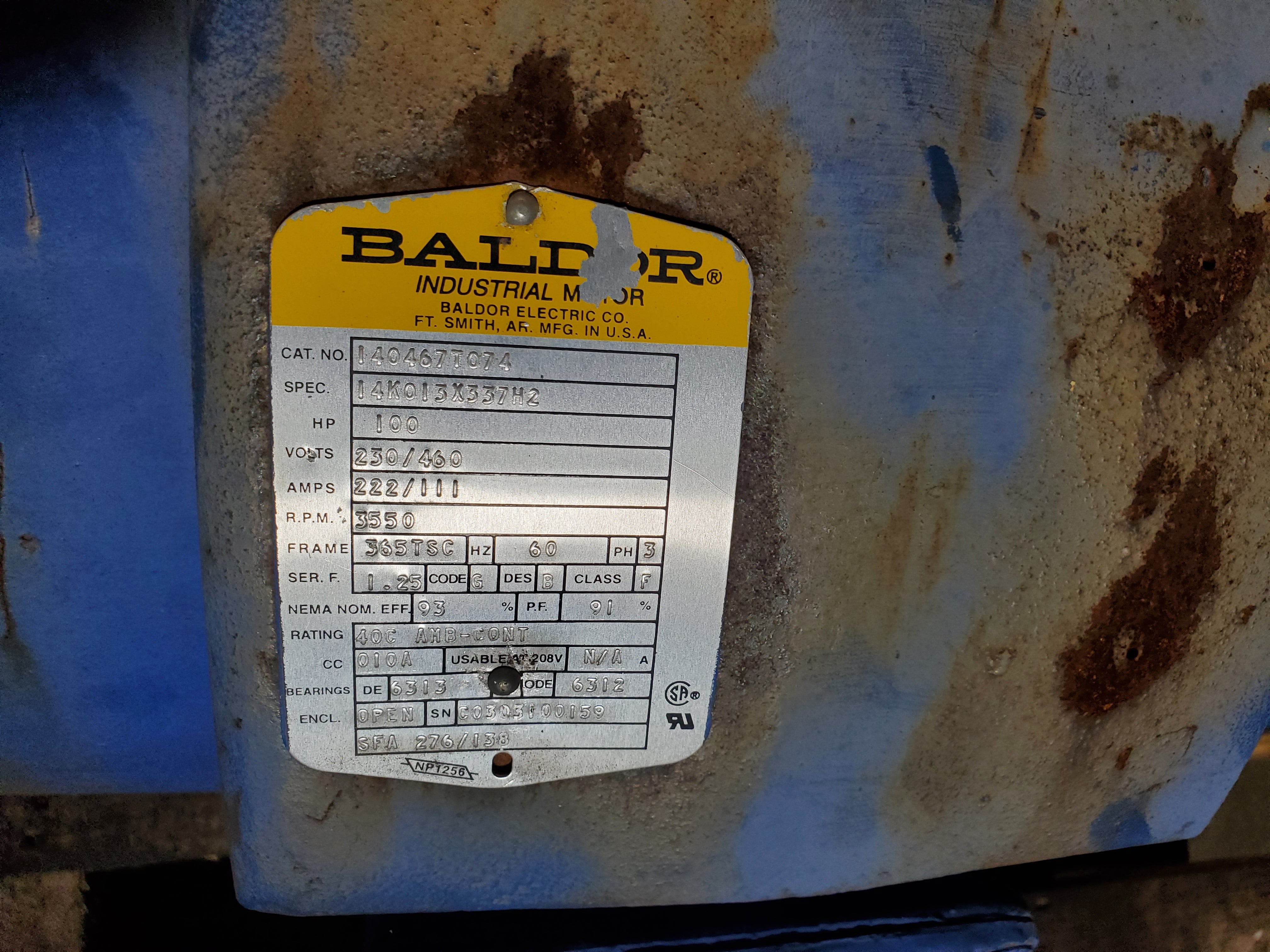 Baldor 140467T074 Motor 100 HP 3 Phase 14K013X337H2 3550 RPM 230/460 Volts
