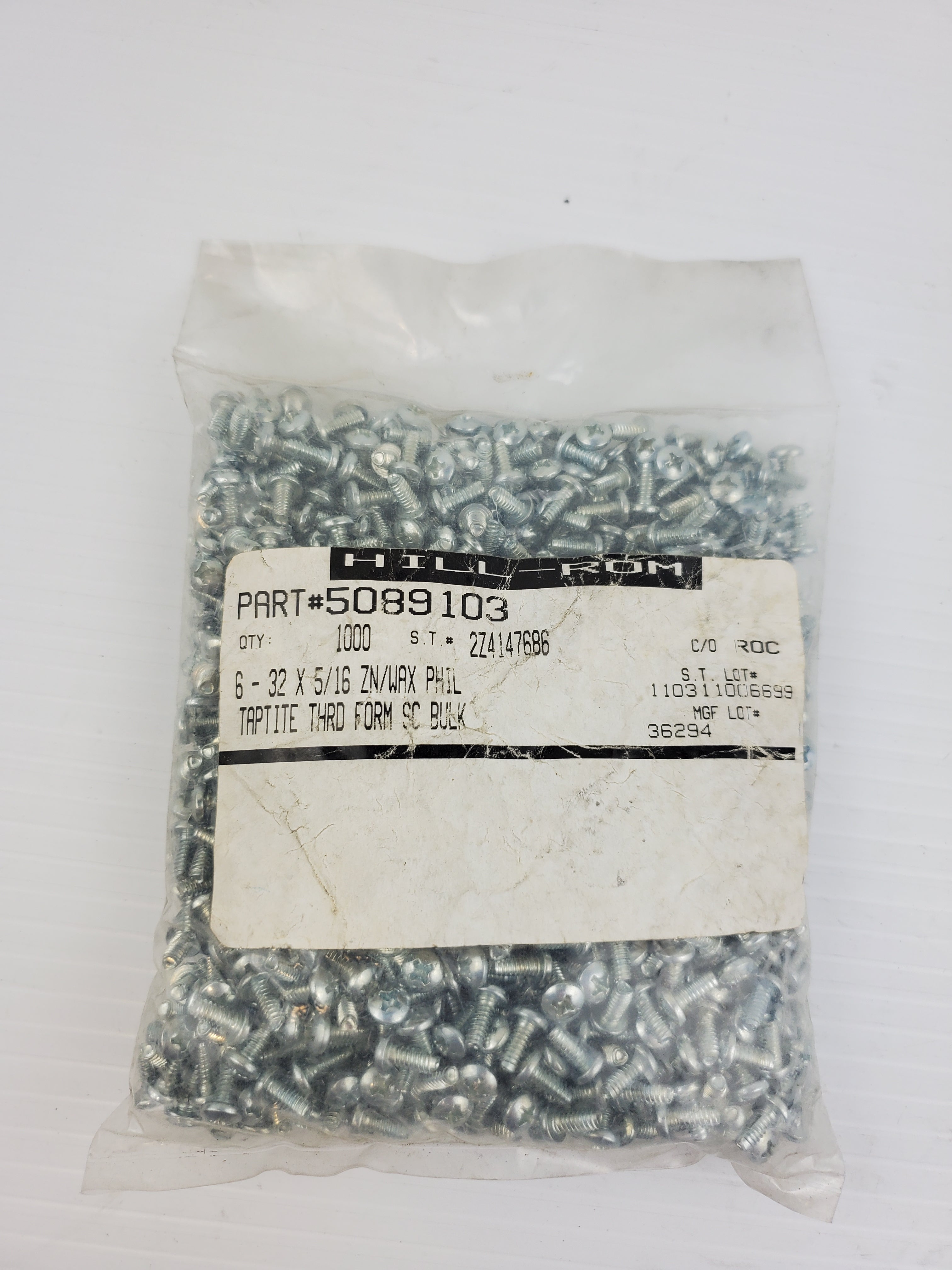 Bag of 5089103 6-32X5/16 ZN/WAX PHIL - Taptite Thrd Form SC Bulk (Bag of 1000)
