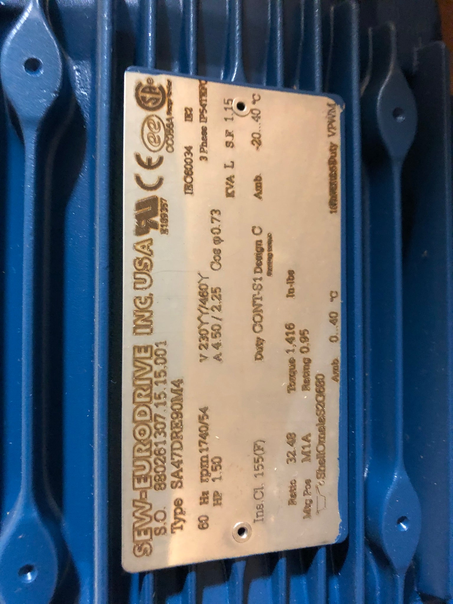SEW Eurodrive SA47DRE90M4 Gear Reducer 1.50 HP 3 PH 1740/54 RPM
