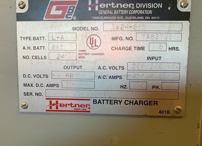 Hertner Battery Charger Auto 6000 TW24-865 24 Volt L-A
