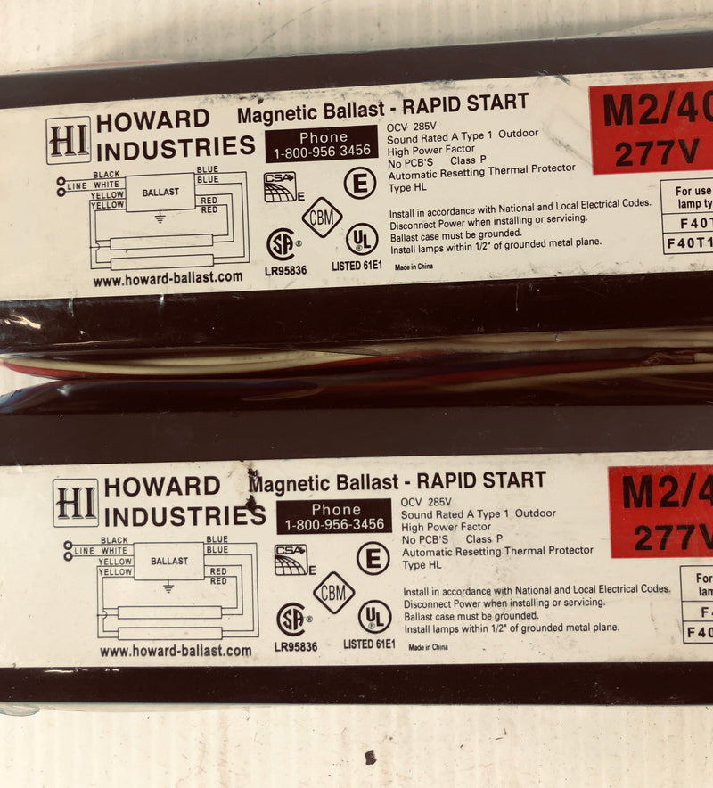 Howard Industries Magnetic Ballast Rapid Start M2/40RS-277 277V AC 60HZ Lot of 2