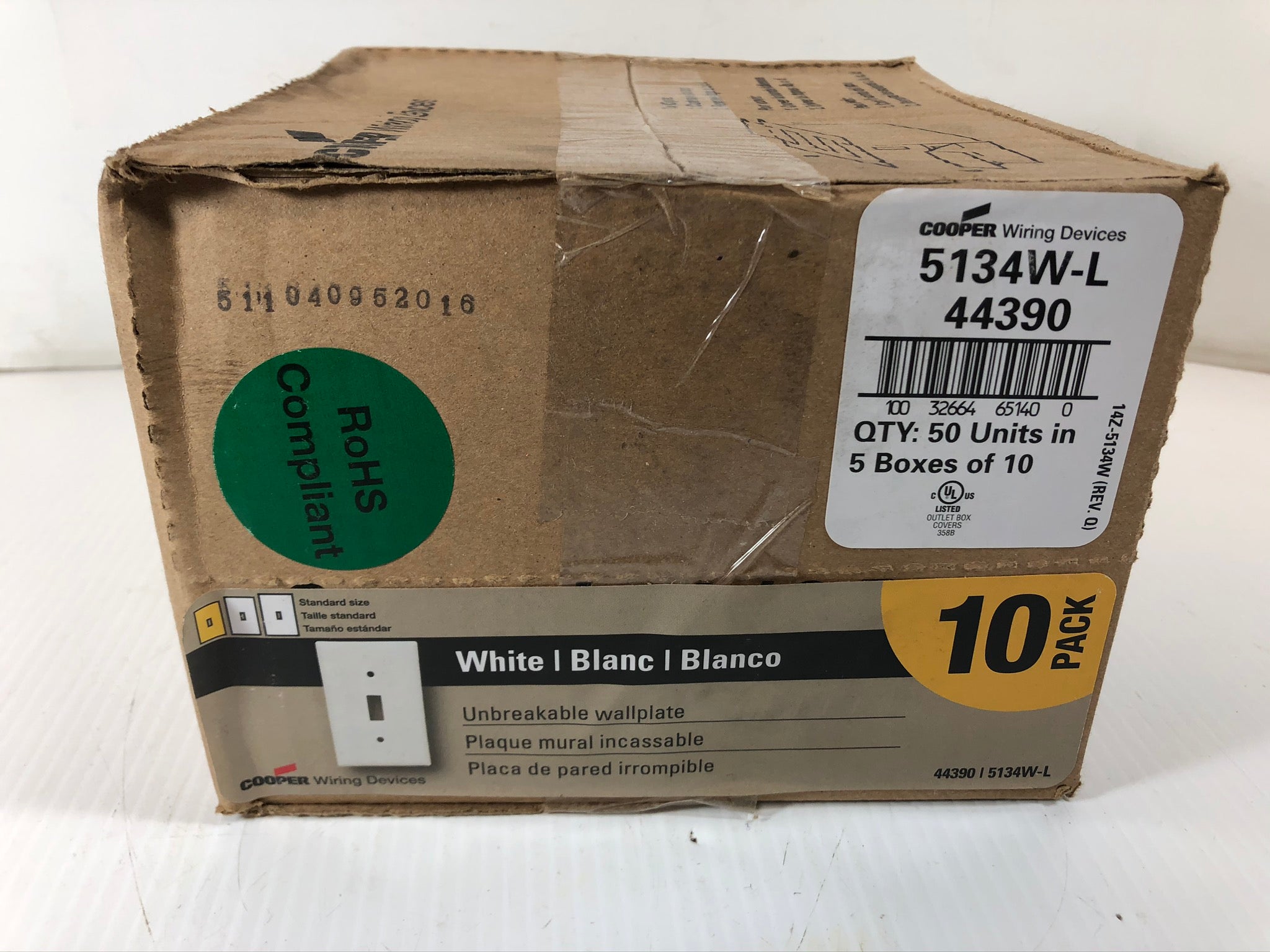 QTY. 50 Cooper Wiring Switch Plates White Standard Unbreakable Wallplate 5134W-L