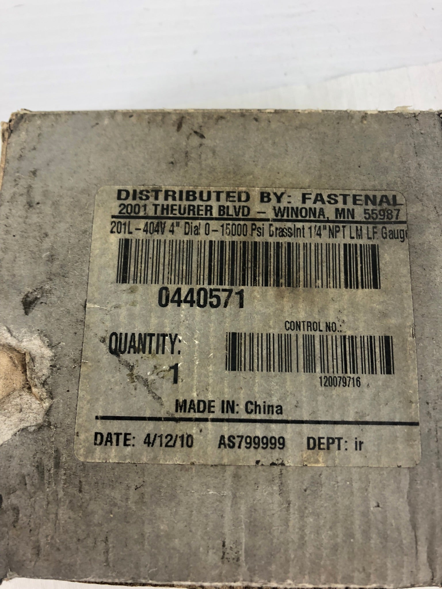Fastenal Gauge 0-1000 bar 0-15000 PSI 100xkPa 201L-404V 4" Dial 0440571 1/4" NPT