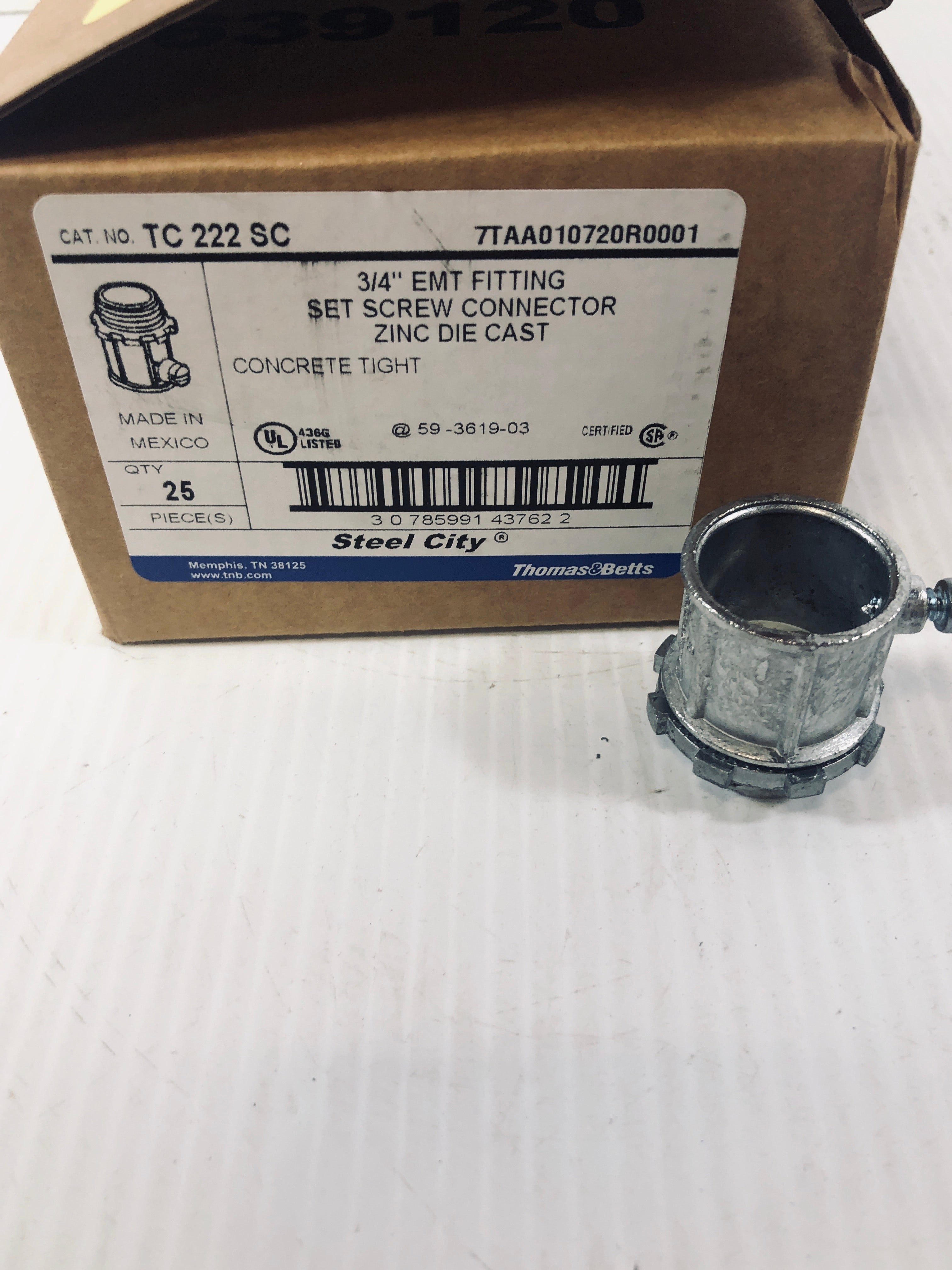 Steel City TC 222 SC 3/4 EMT Fitting Set Screw Connector Zinc Die Cast Box of 49