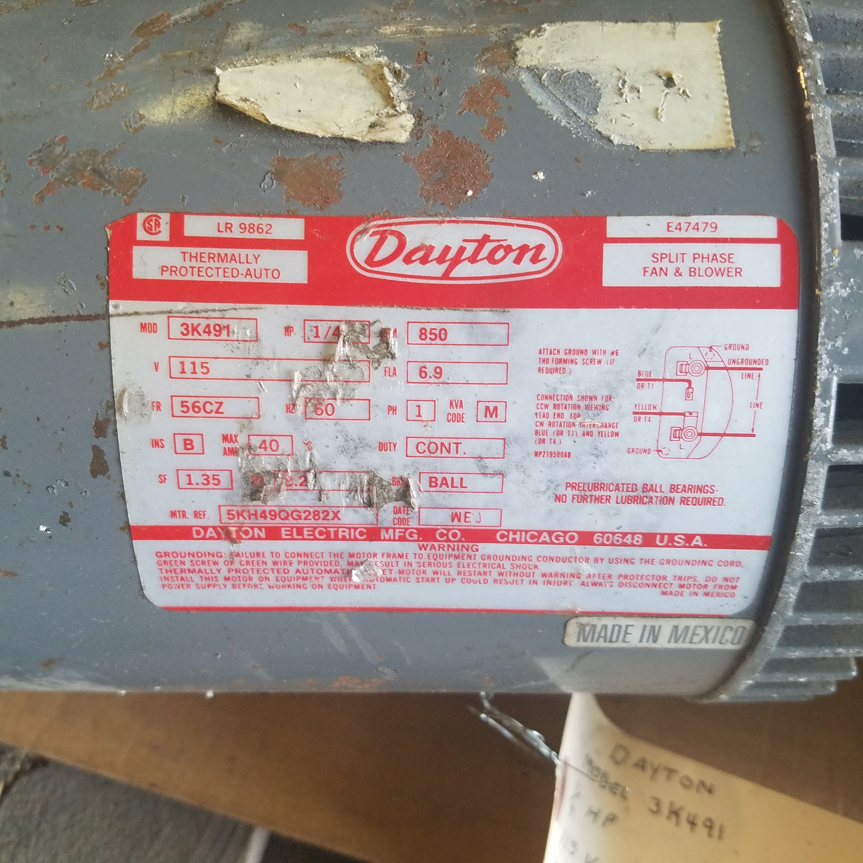 Dayton 3K491 1/4HP Electric Motor Split Phase