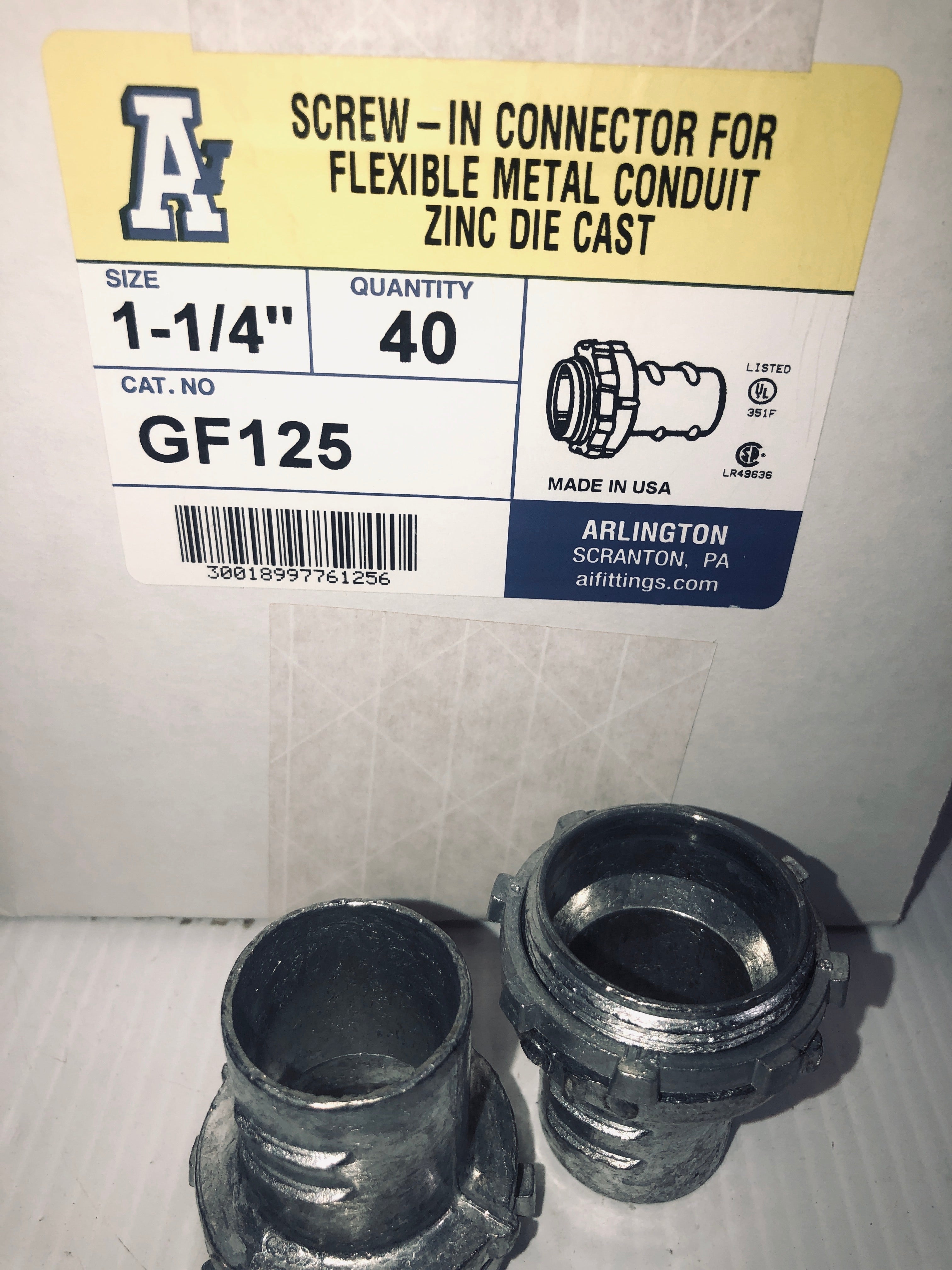 Arlington Screw-In Connector For Flexible Metal Conduit 1-1/4" GF125 Box of 40