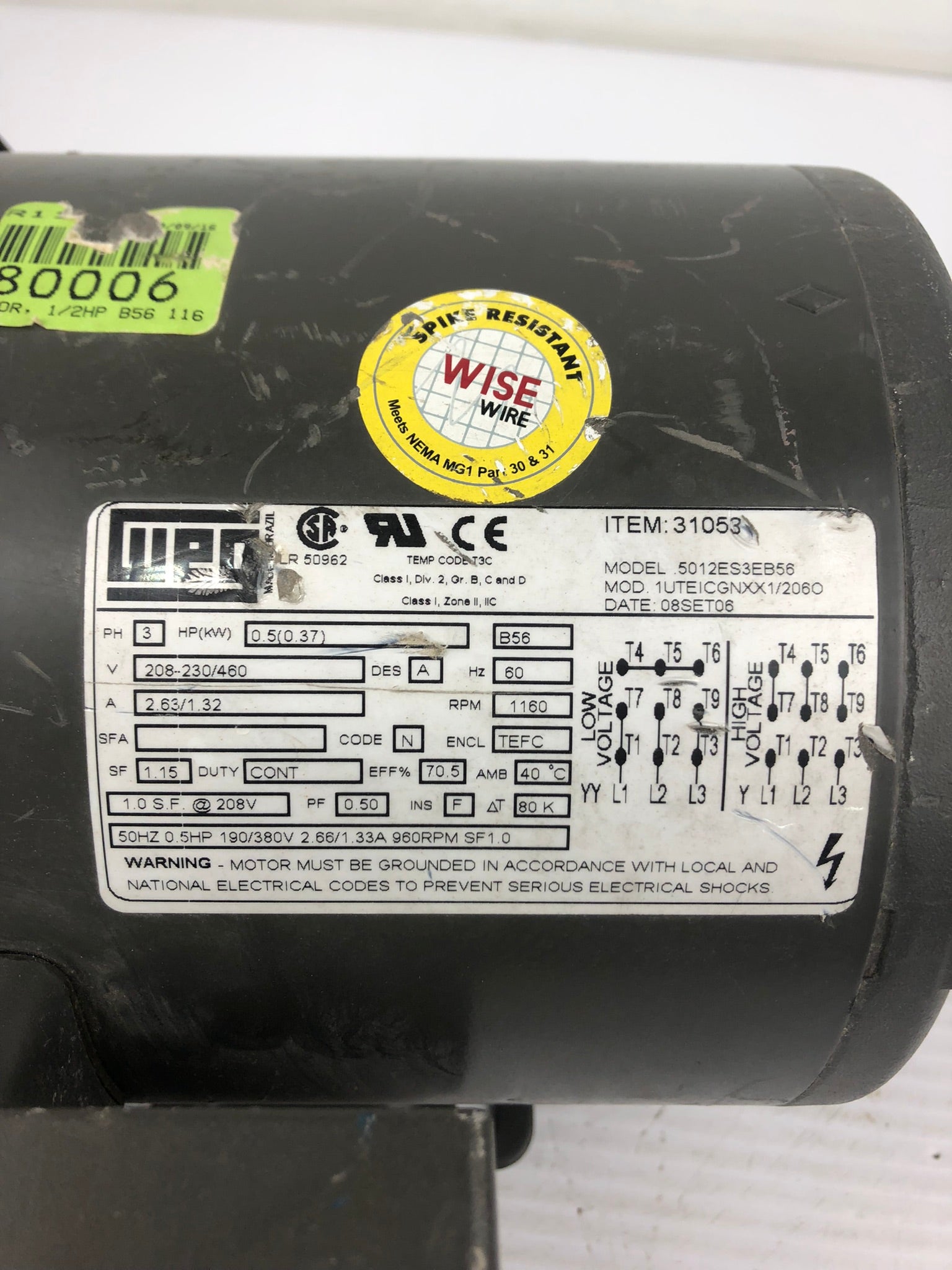 WEG 5012ES3EB56 General Purpose Motor 3 PH 0.5 HP 1160 RPM B56