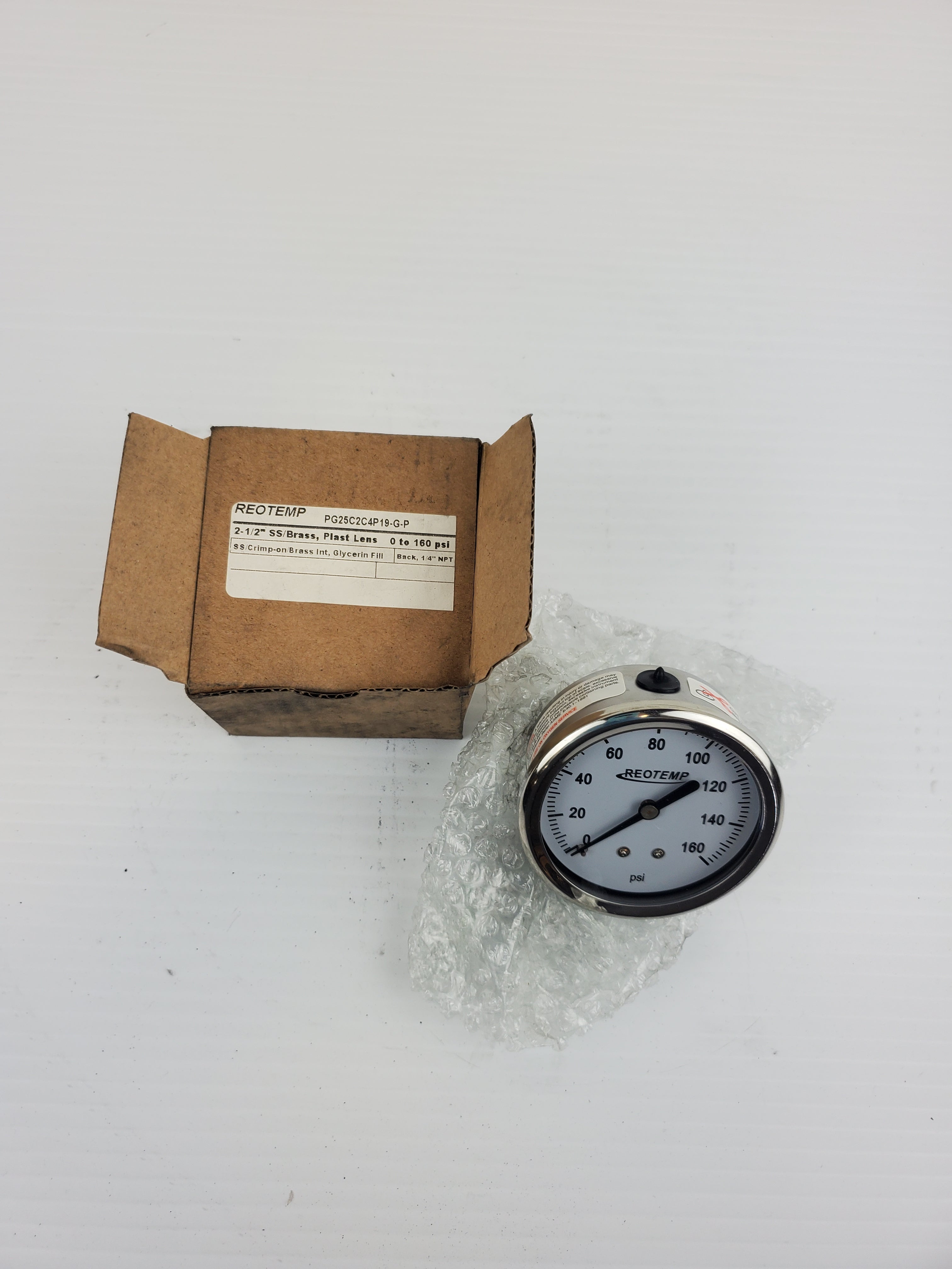 Reotemp PG25C2C4P19-G-P 2-1/2" SS/Brass Plast Lens Gauge 0-160 PSI