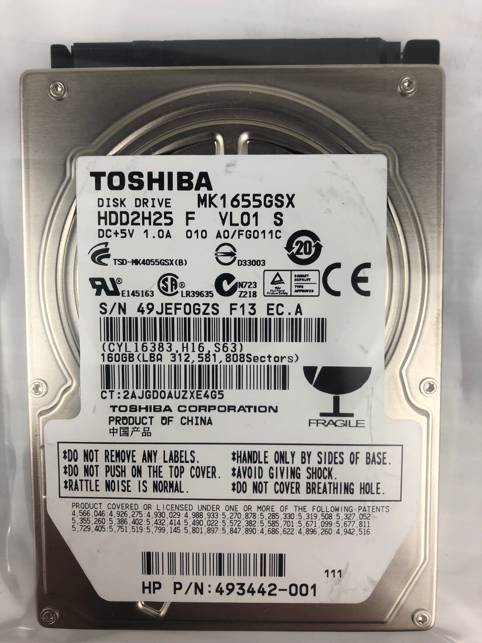 Toshiba 493442-001 Laptop Hard Drive MK1655GSK