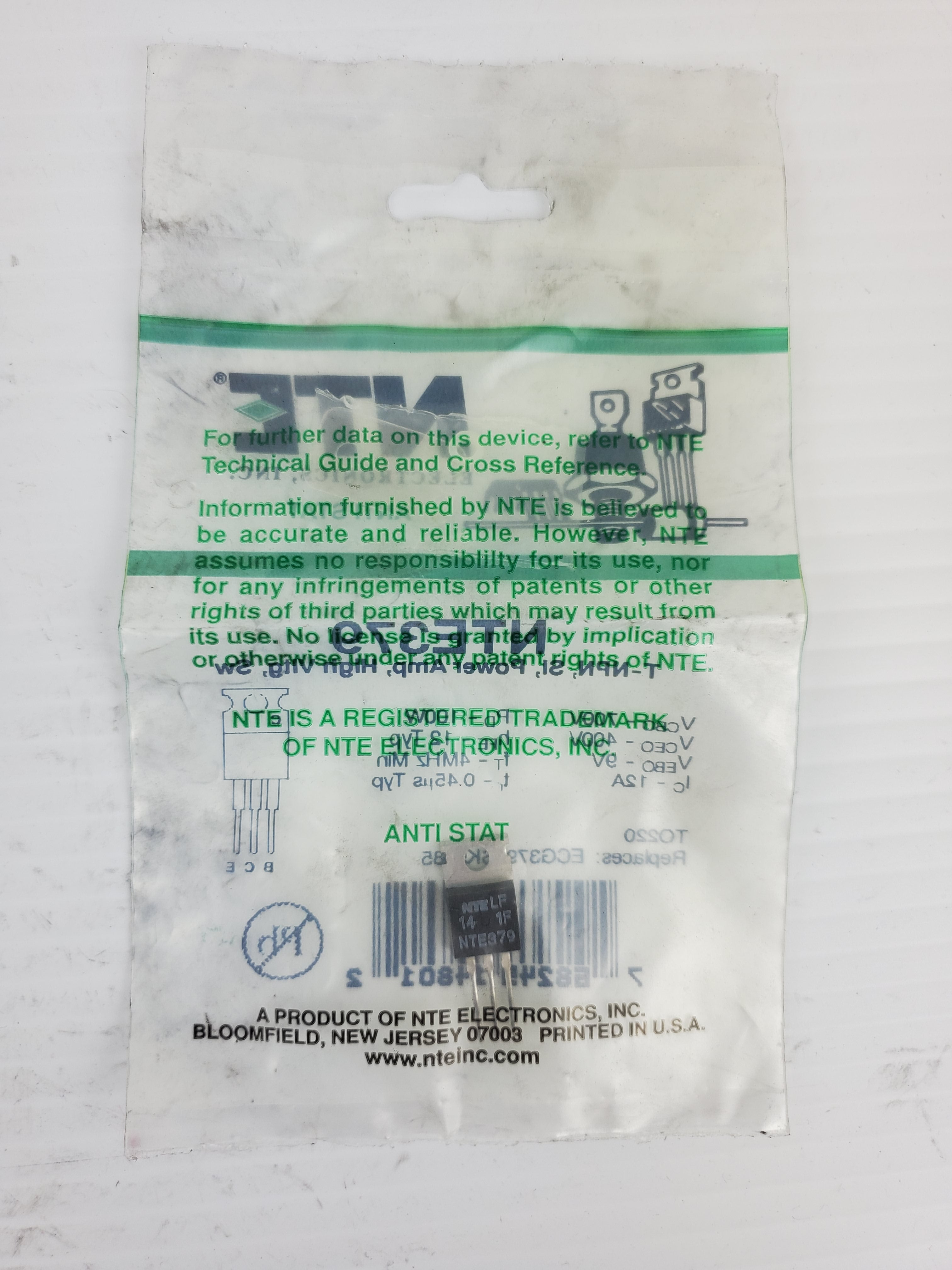 NTE Anti Stat NTE379 T-NPN SI Power Amp High Voltage SW