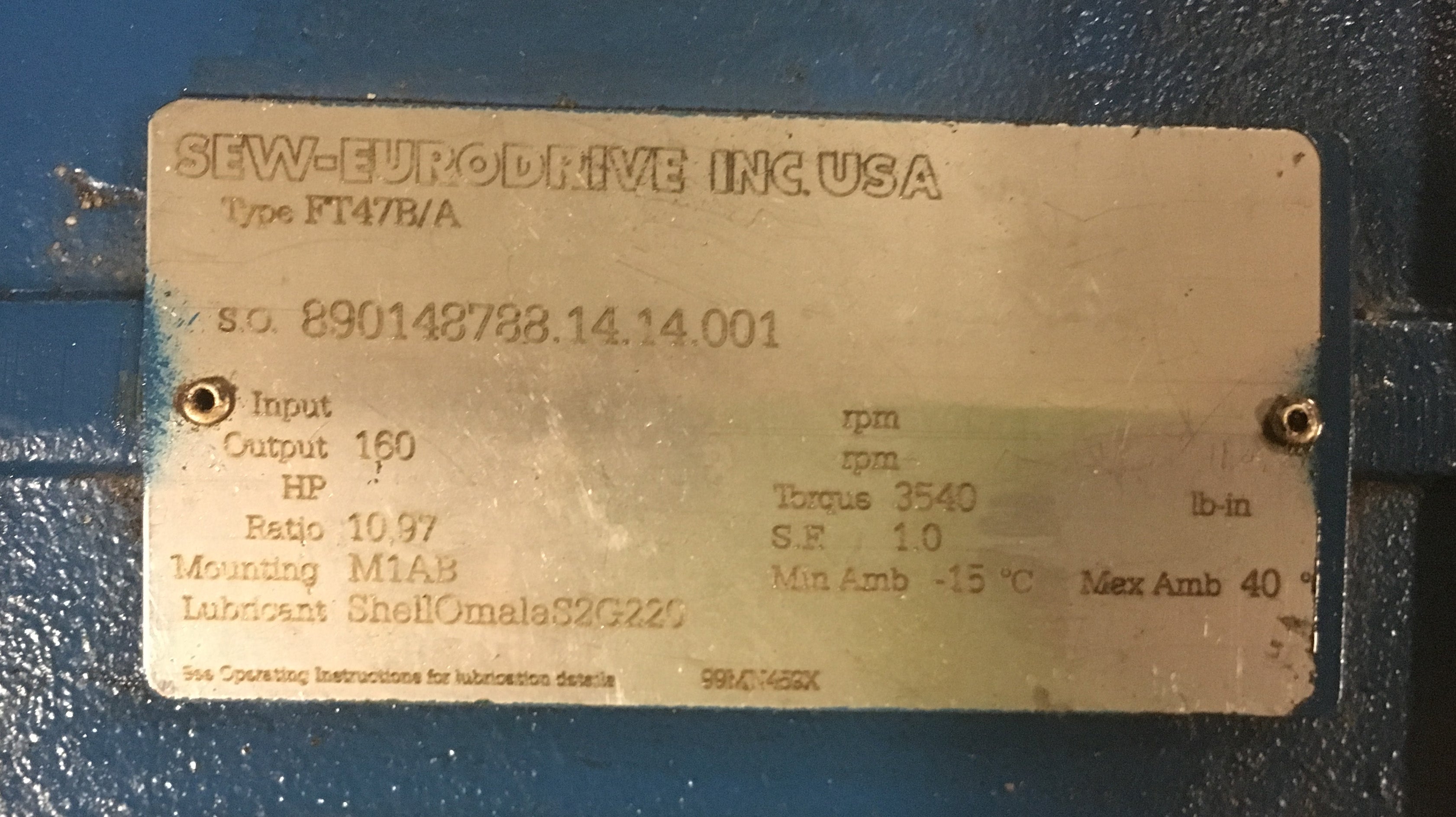 Sew Eurodrive 890148788.14.14.001 Gear Motor Type FT47B/A