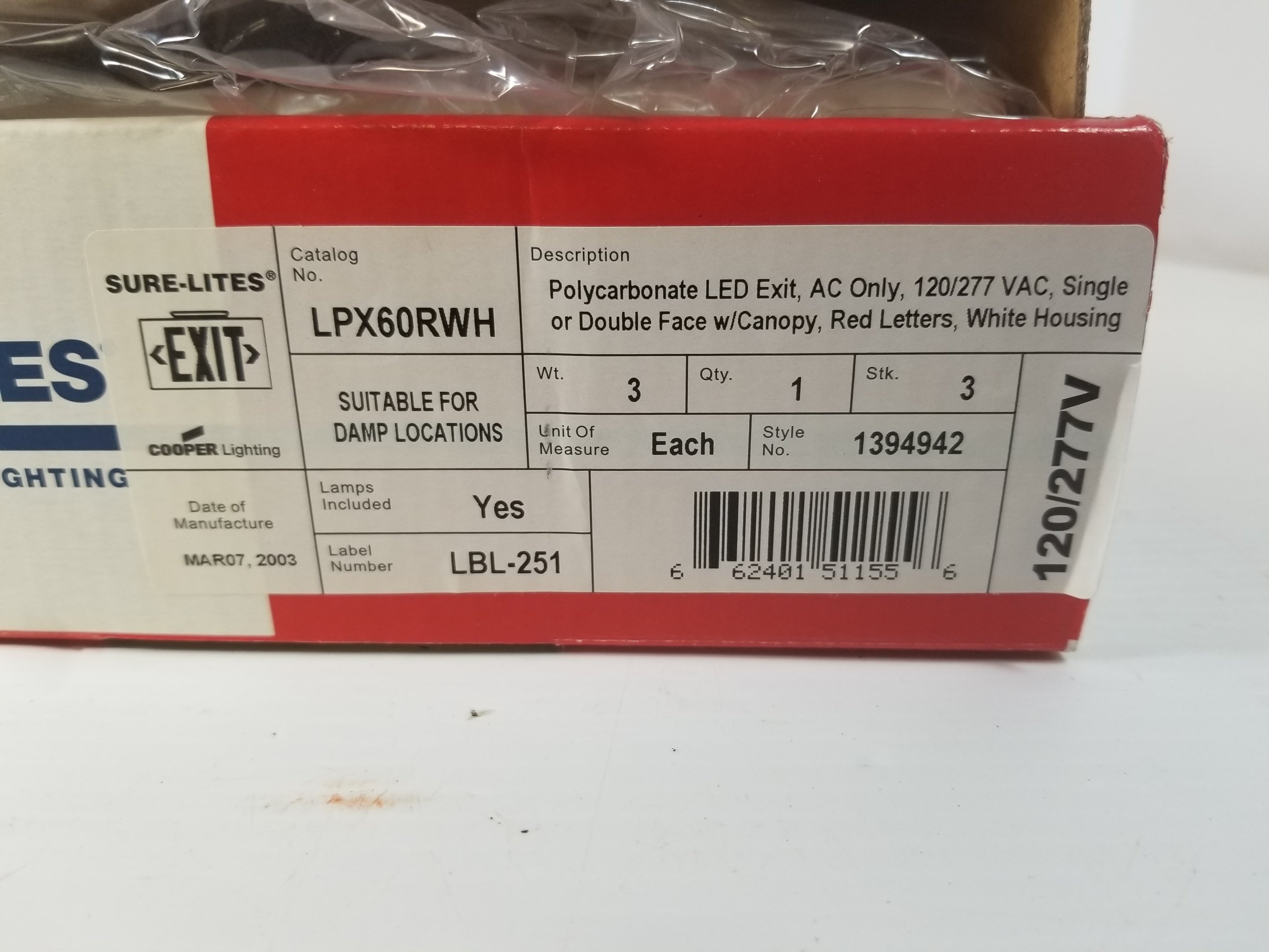 Sure-Lites LPX60RWH Poly 120/277VAC LED Exit Sign