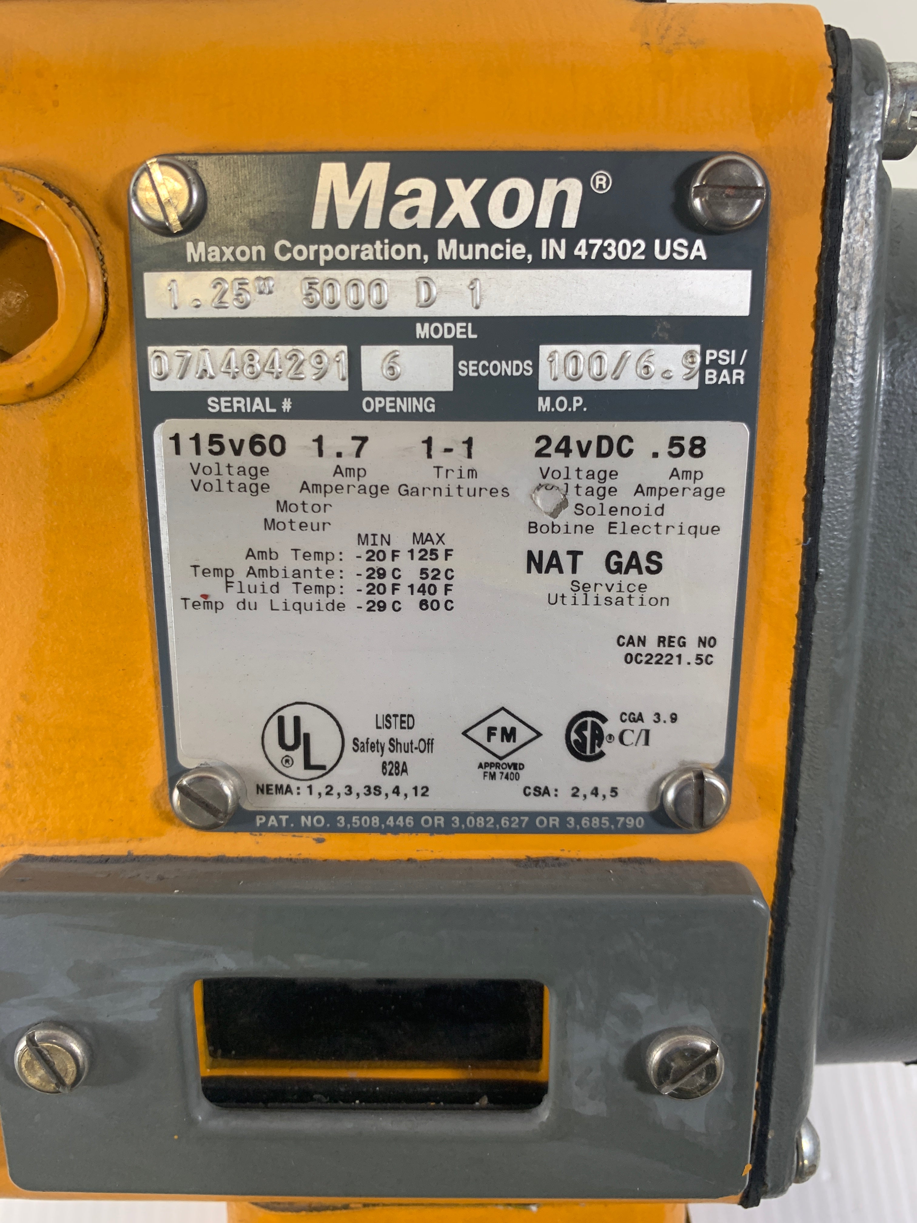 Maxon 1.25" 5000 D1 Shut Off Valve 100PSI 6.9 bar 115V 1.7A