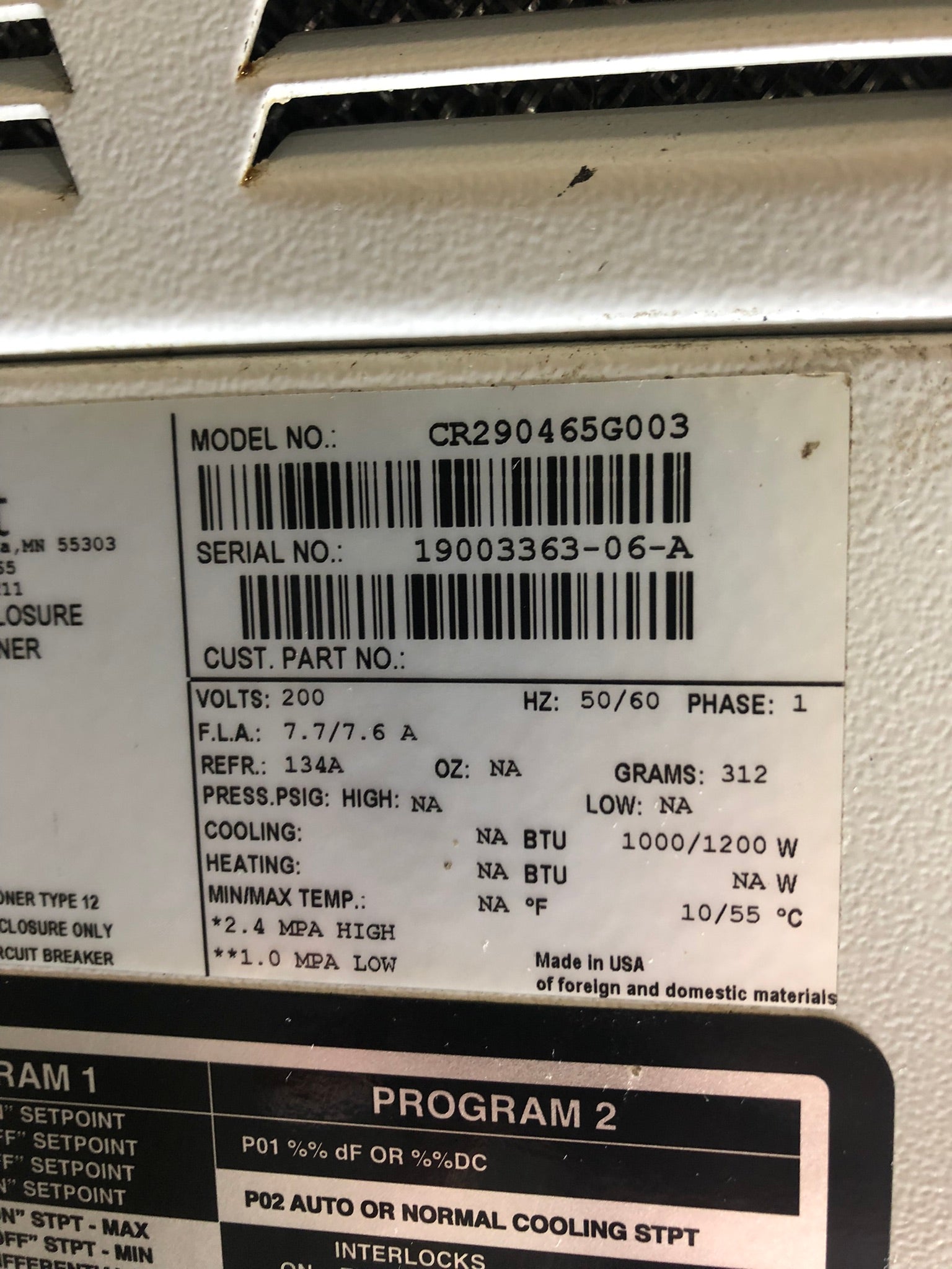 nVent CR290465G003 Electronic Enclosure Air Conditioner 200V 50/60Hz 1 Phase