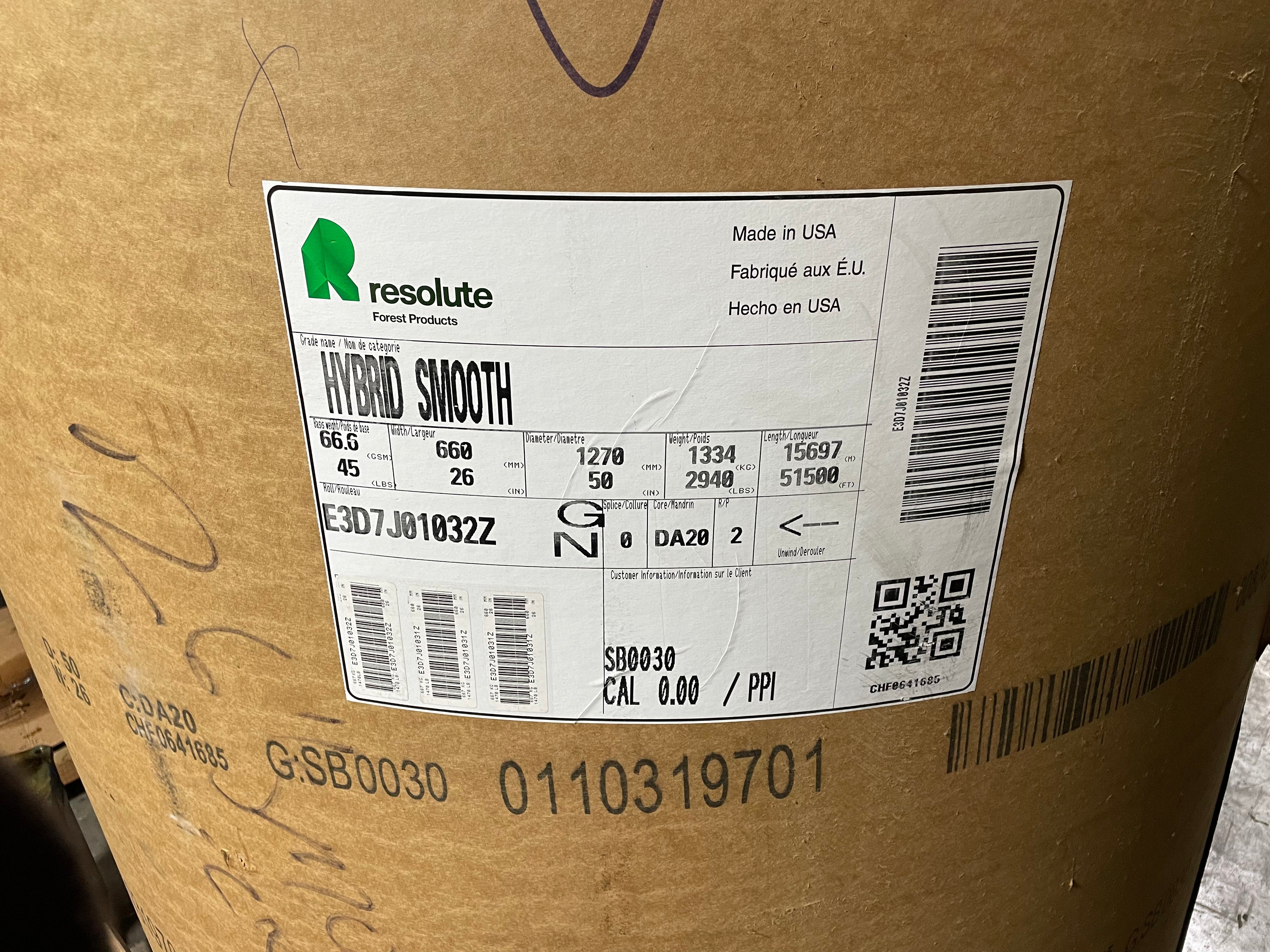 Resolute Forest Products E3D7J01032Z White Paper Roll Hybrid Smooth 26”Wx51500’L