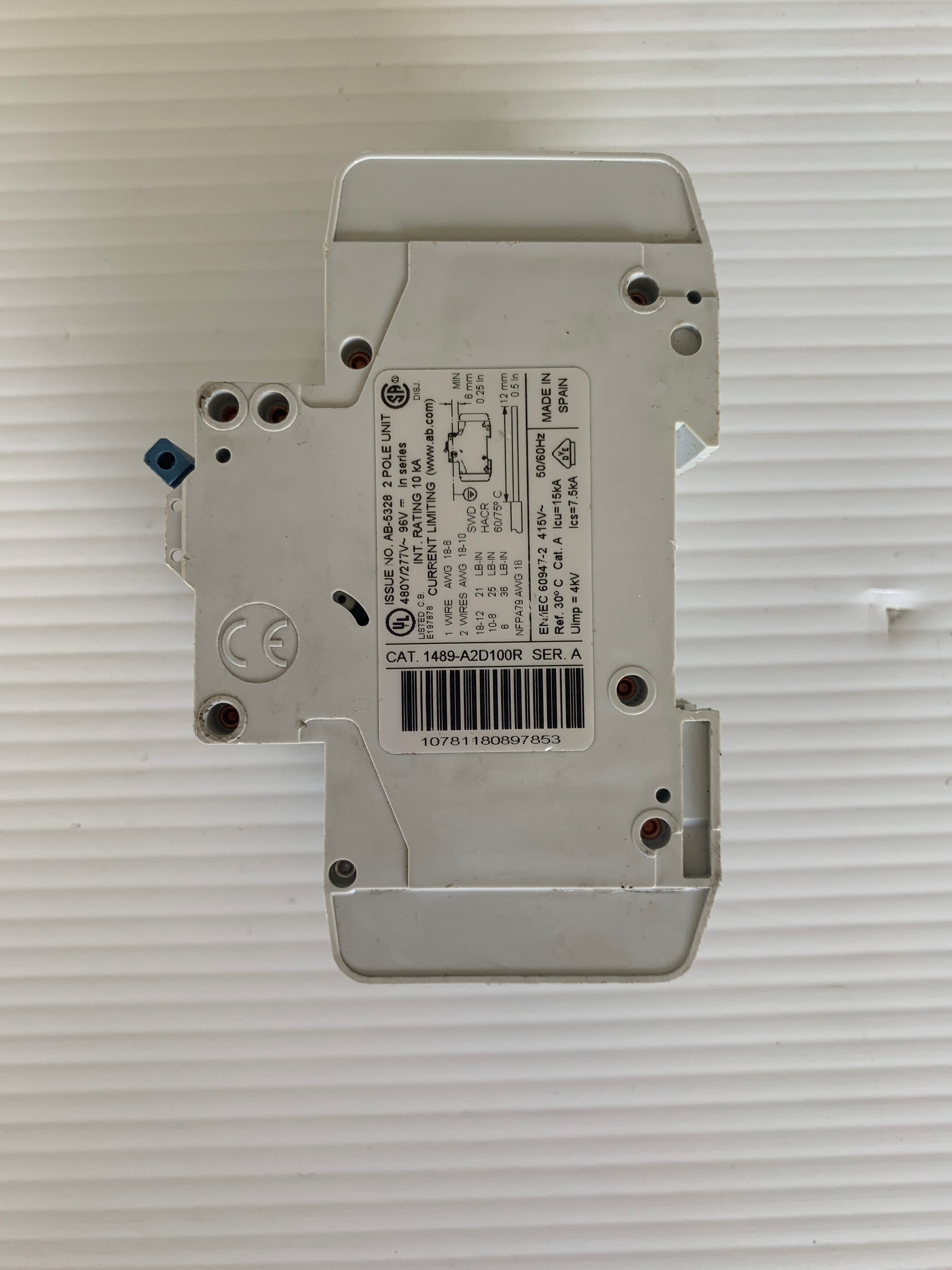 Allen-Bradley 1489-A2D100R Circuit Breaker 2 Pole Ser. A w/HH3 Auxiliary