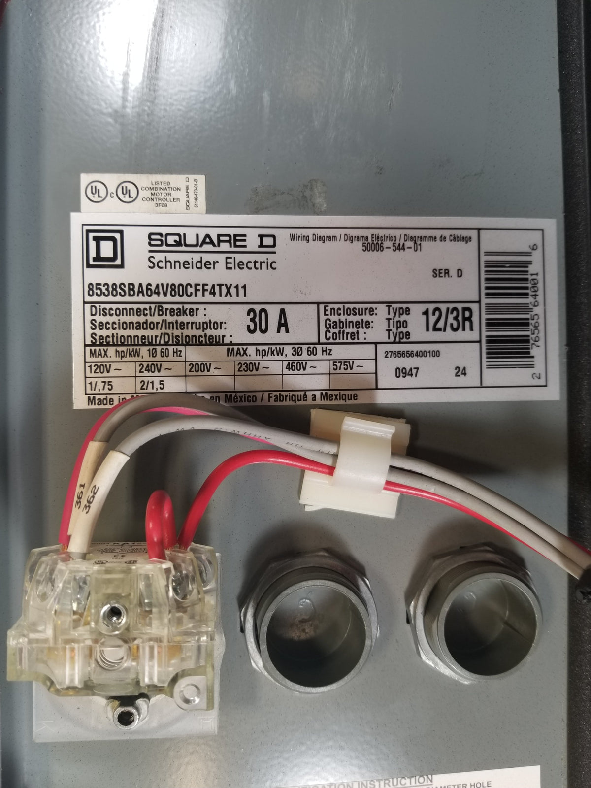 Square D 8538SBA64V80CFF4TX11 Motor Disconnector Switch 2HP 30A 12/3R Enclosure