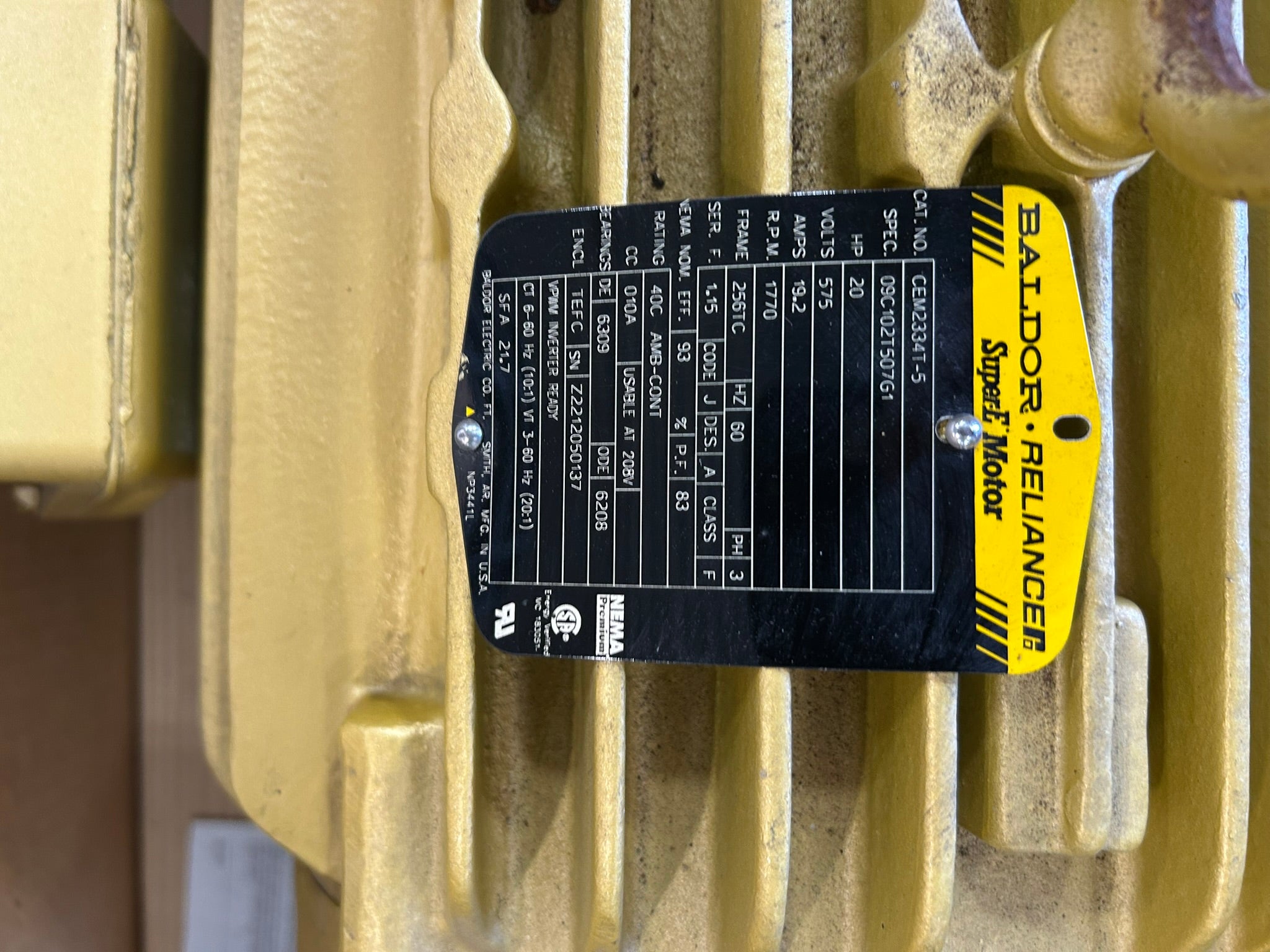 Baldor Reliance CEM2334T-5 20 HP 575V 3PH 1770 RPM 256TC TEFC Super-E AC Motor