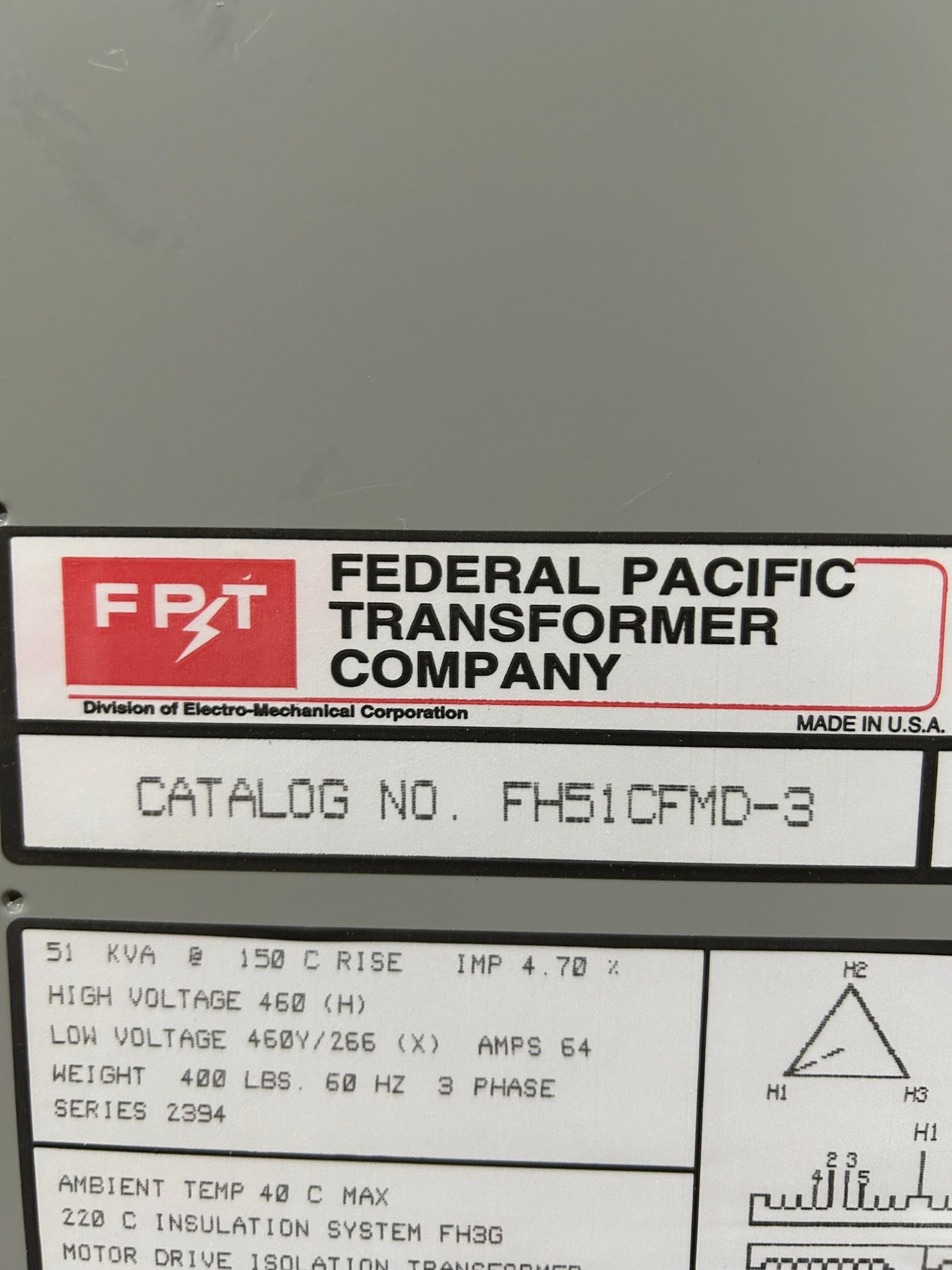 Federal Pacific FH51CFMD-3 Dry Type Transformer 36B 51kVA 3PH 460V 64A Class AA