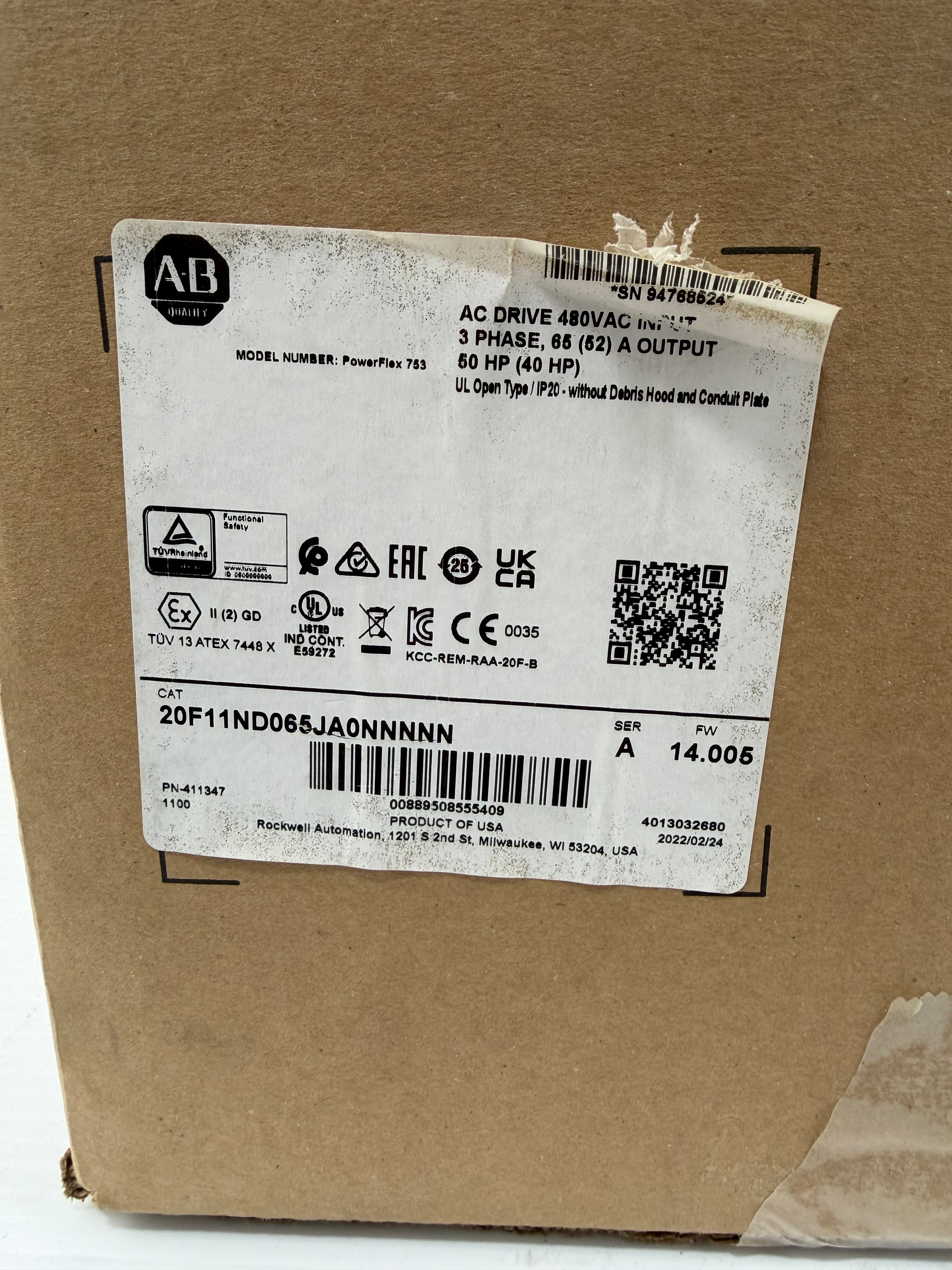 Allen Bradley PowerFlex 20F11ND065JA0NNNNN AC Drive 3 Phase 50 HP