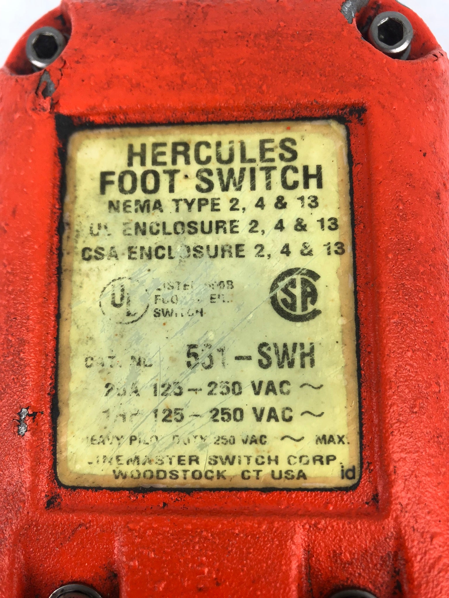 Hercules 531-SWH Foot Switch 25A 1 HP 250VAC NEMA Enclosure 2, 4, 13