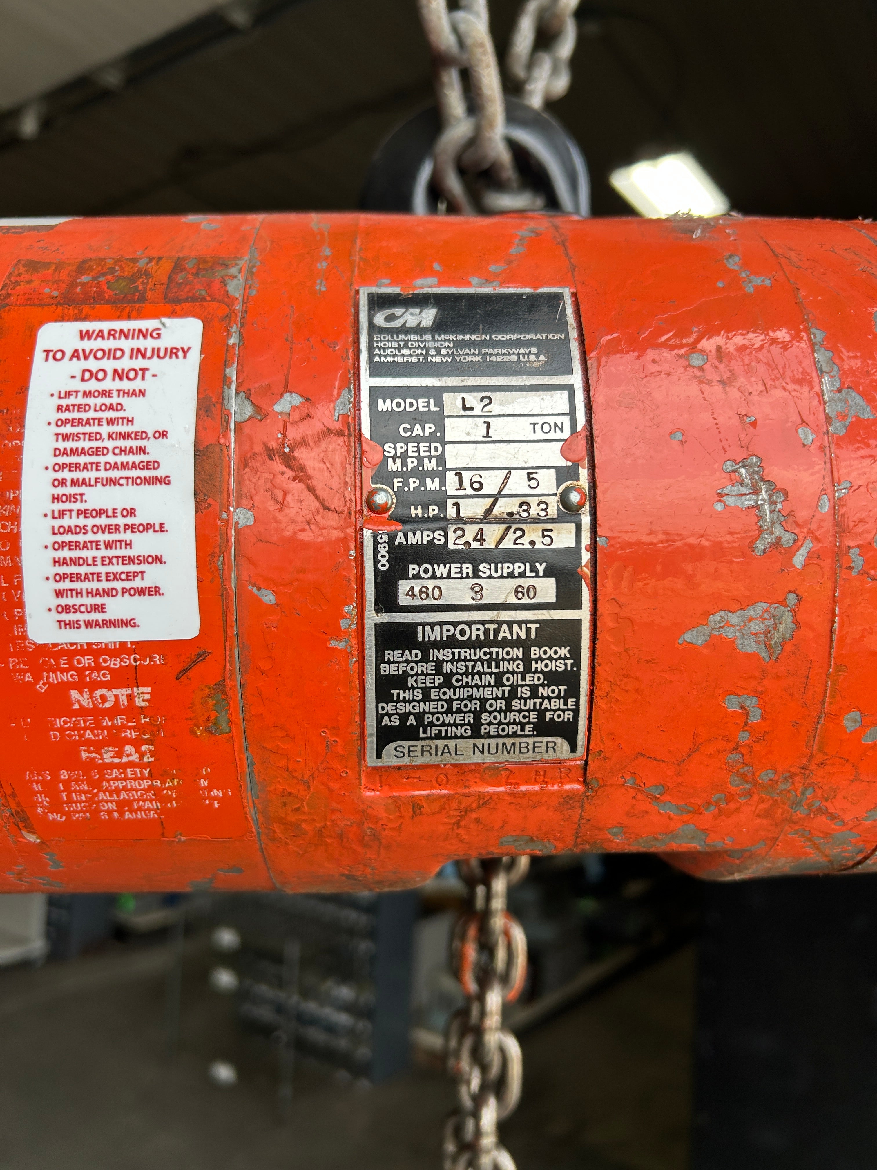 CM Lodestar L2 Chain Hoist 1 Ton 16/5FPM 1/.33HP 2.4/2.5A 1000kg 460V 3PH 60 Hz