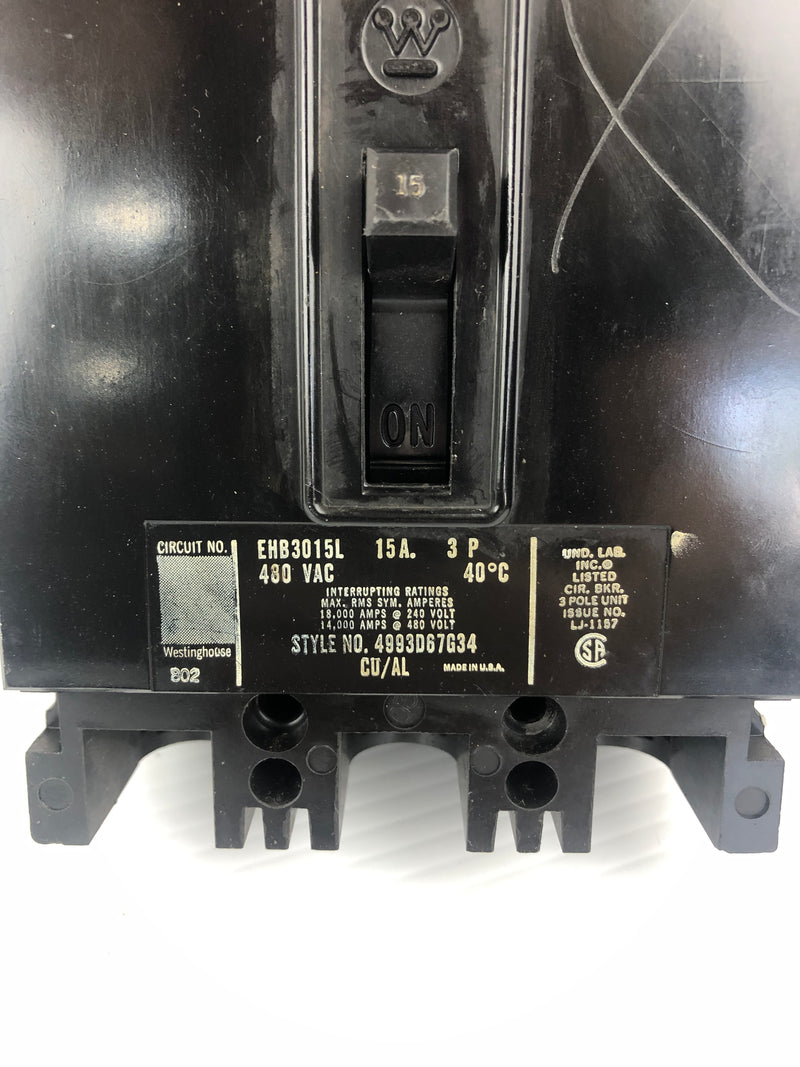 Westinghouse EHB3015L Circuit Breaker 480VAC 15A 3P