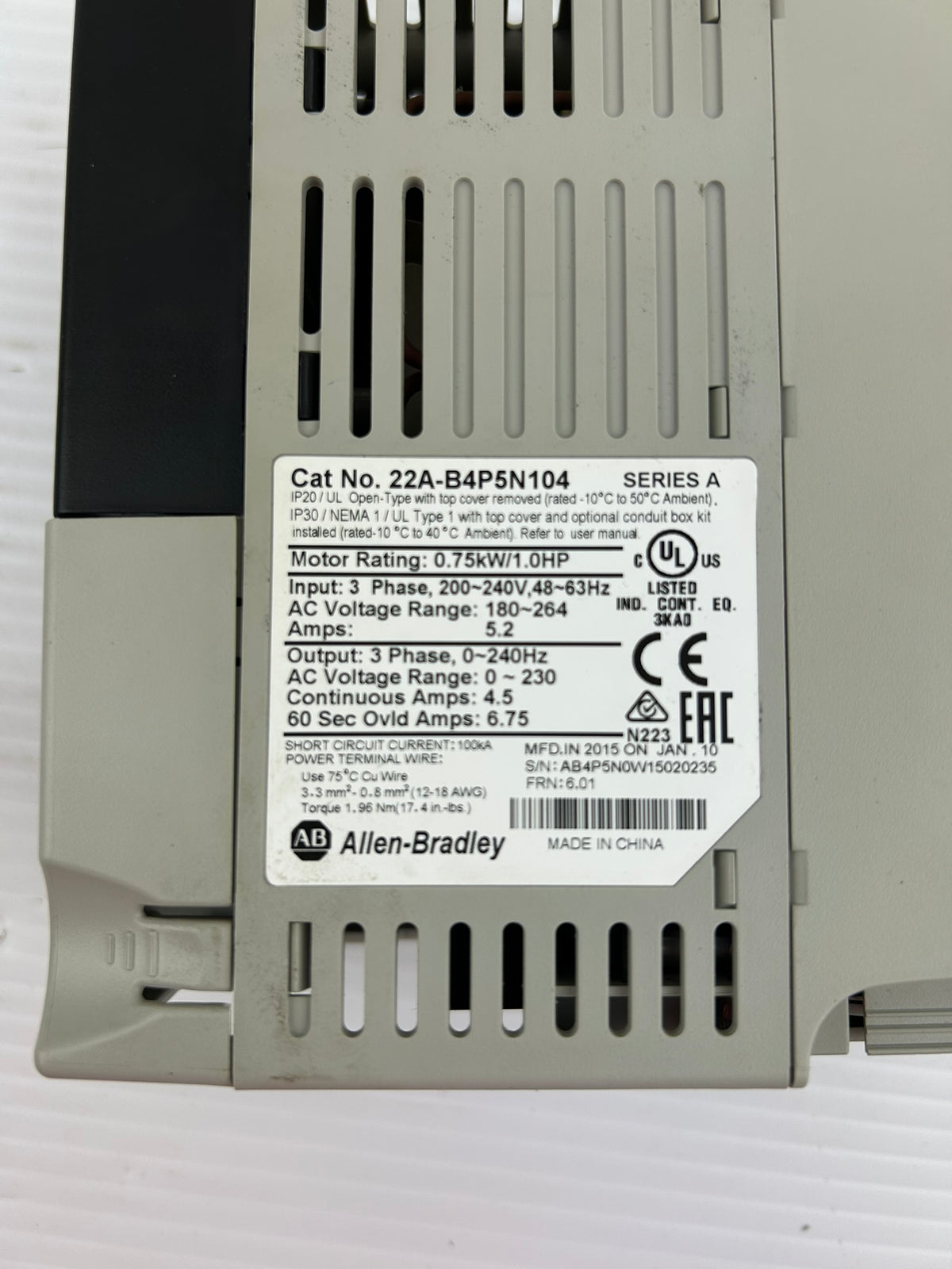 Allen Bradley 22A-B4P5N104 PowerFlex 4 Drive Series A