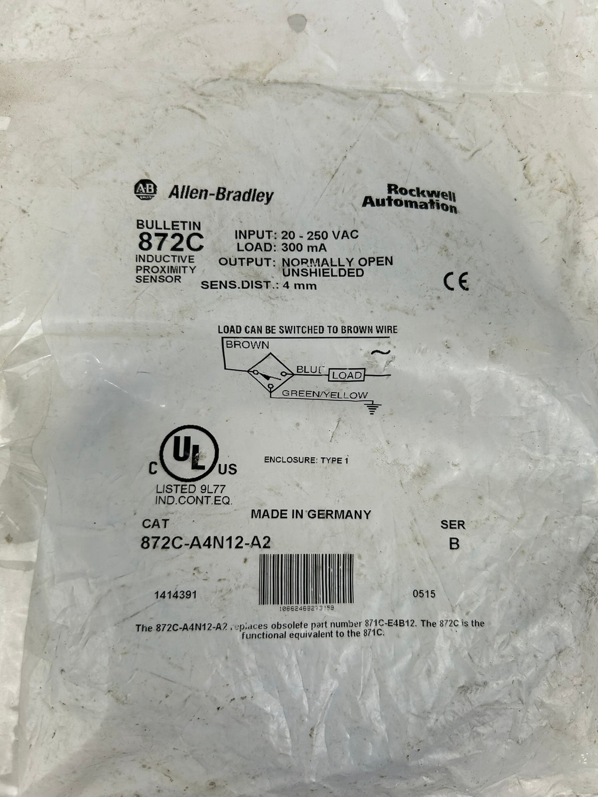 Allen Bradley 872C-A4N12-A2 Inductive Proximity Sensor Series B 4mm NO 20-250VAC