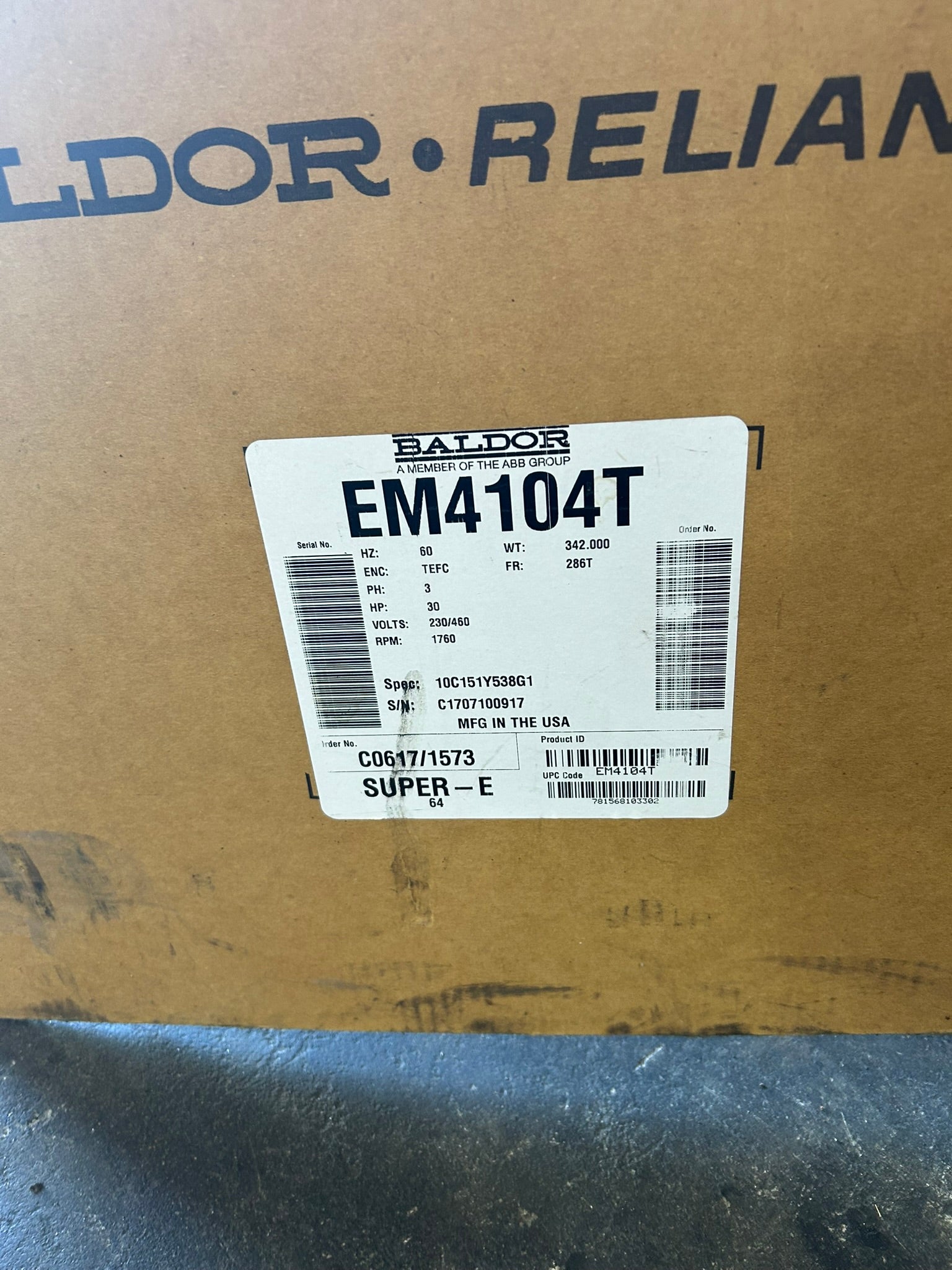 Baldor Reliance EM4104T Super-E Motor 30HP 230/460V 3PH TEFC 1760RPM 286T