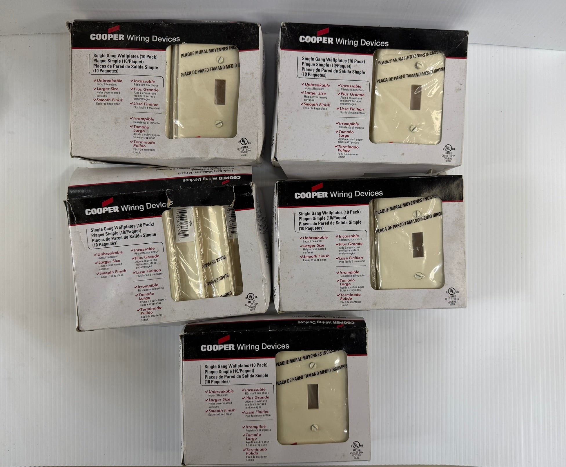 Cooper Wiring Unbreakable Mid-Size Wallplate 1-Gang Wallplate Toggle PJ1A-CP Box of 10 Lot of 5