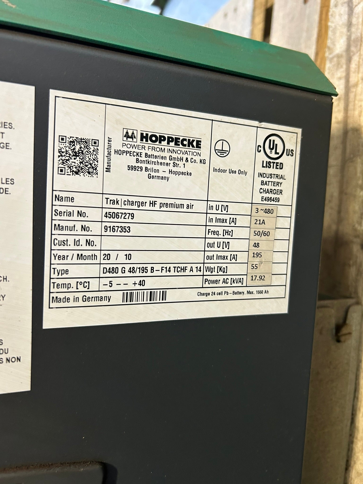 Hoppecke 9167353 Forklift Battery Charger - D480 G 48/195 B-F14 TCHF A 14