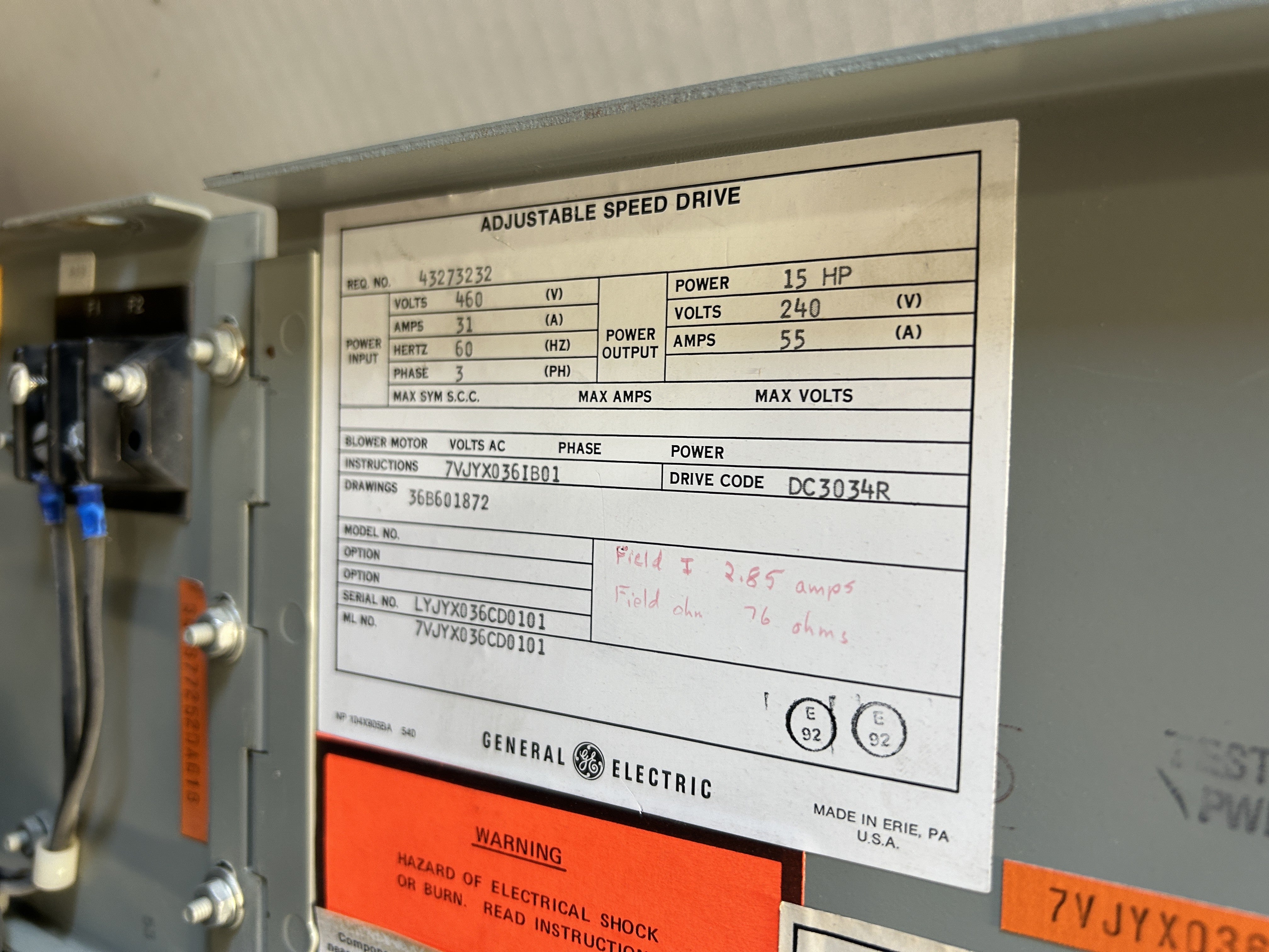 General Electric 7VJYX036CD0101 Adjustable Speed Drive 15HP 240/460V 55/31A 3PH